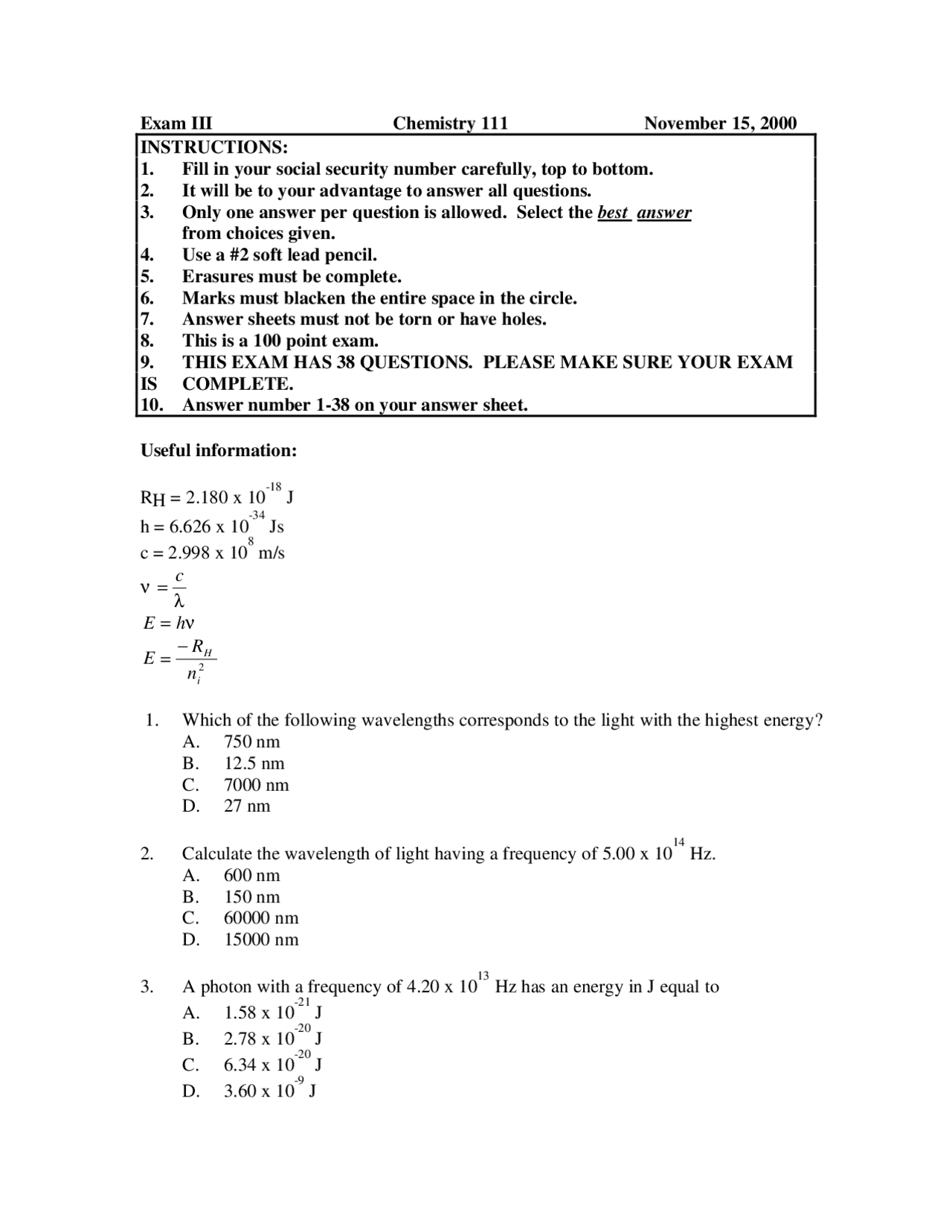 38 Multiple Choice Questions Exam 3 - General Chemistry I | CHEM 111 ...