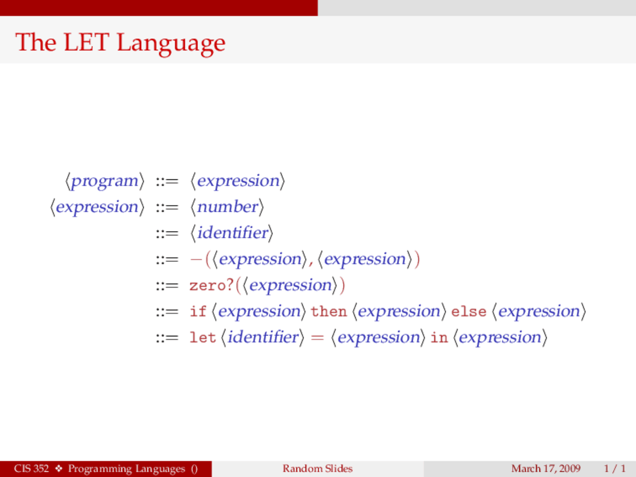 Notes on The LET Language - Programming Languages | CIS 352 - Docsity