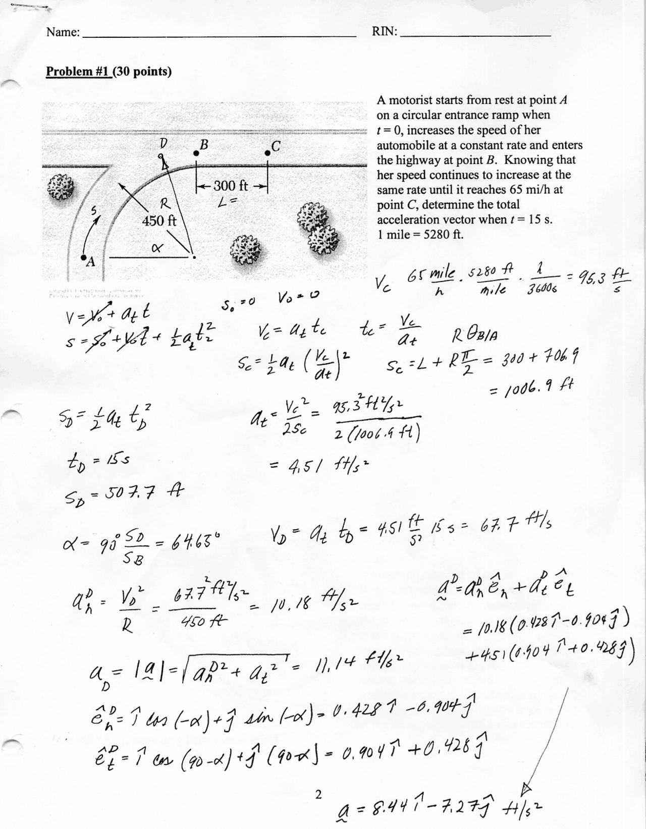 Problem with Solution for Engineering Dynamics | ENGR 2090 - Docsity