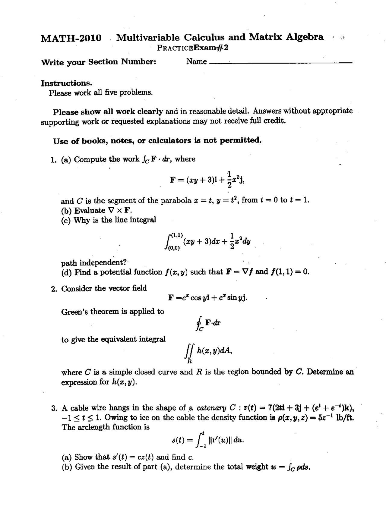Multivariable Calculus Tests Practice Questions Exam 2 - Multivariable Calculus and Matrix Algebra ...