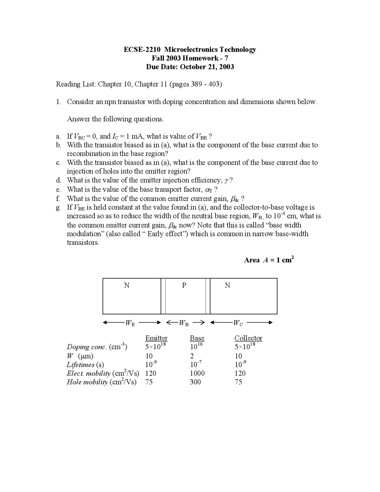 Microelectronics Problems Homework 7 Problems - Microelectronics Technology | ECSE 2210 - Docsity