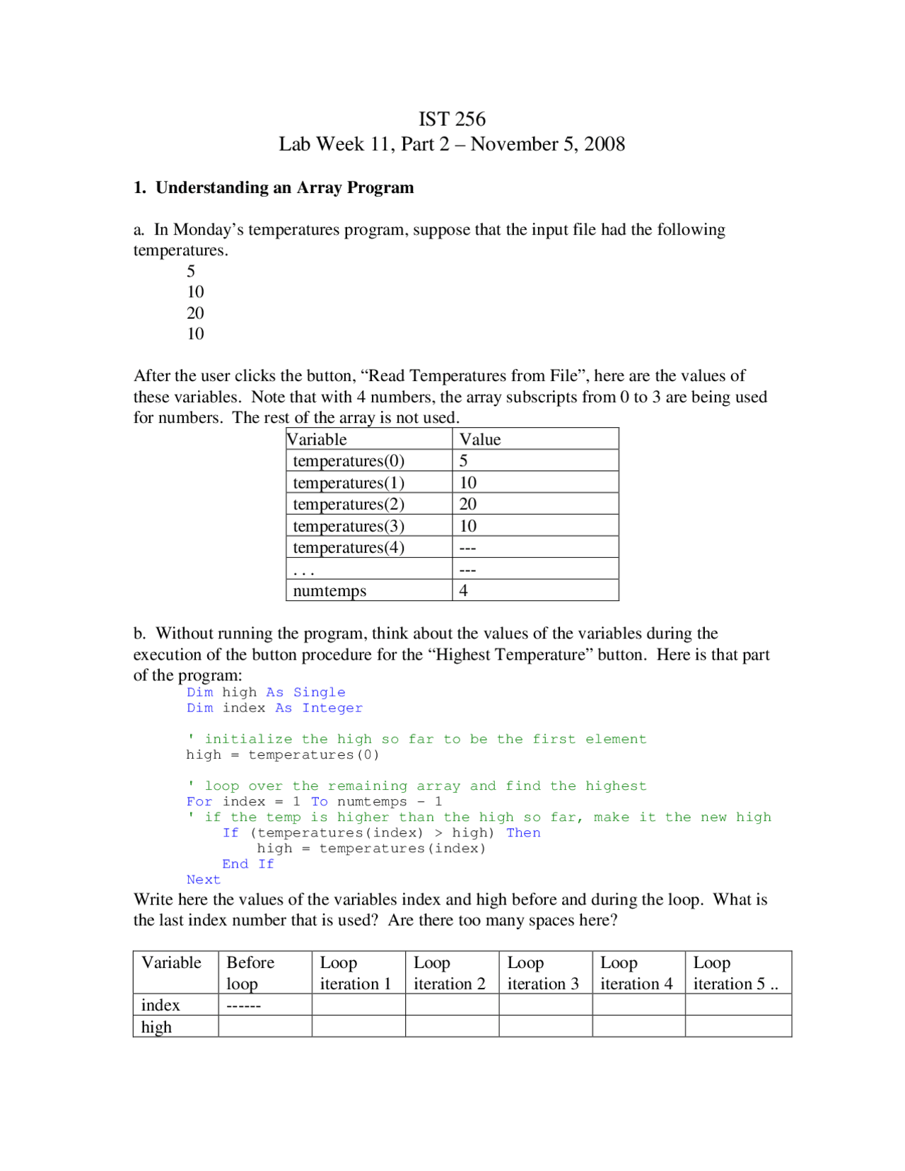 Understanding an Array Program - Laboratory | IST 256 - Docsity