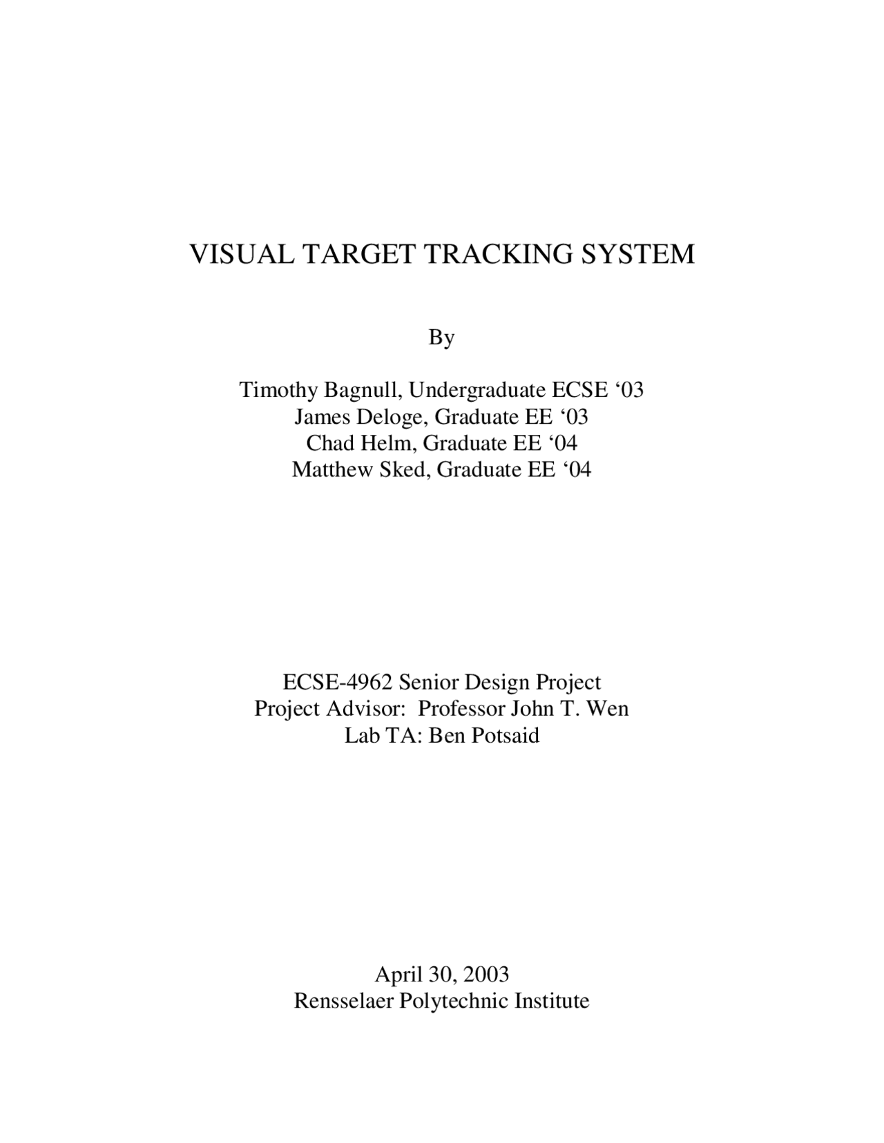Visual Target Tracking System - Analogic Design | ECSE 4962 - Docsity
