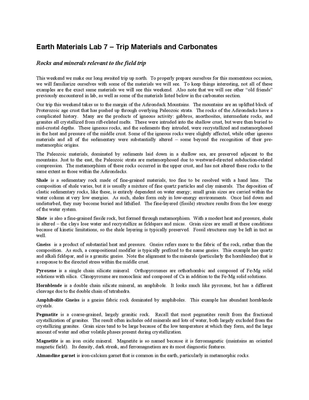 Earth Materials Lab 7 - Trip Materials and Carbonates | ERTH 2330 - Docsity