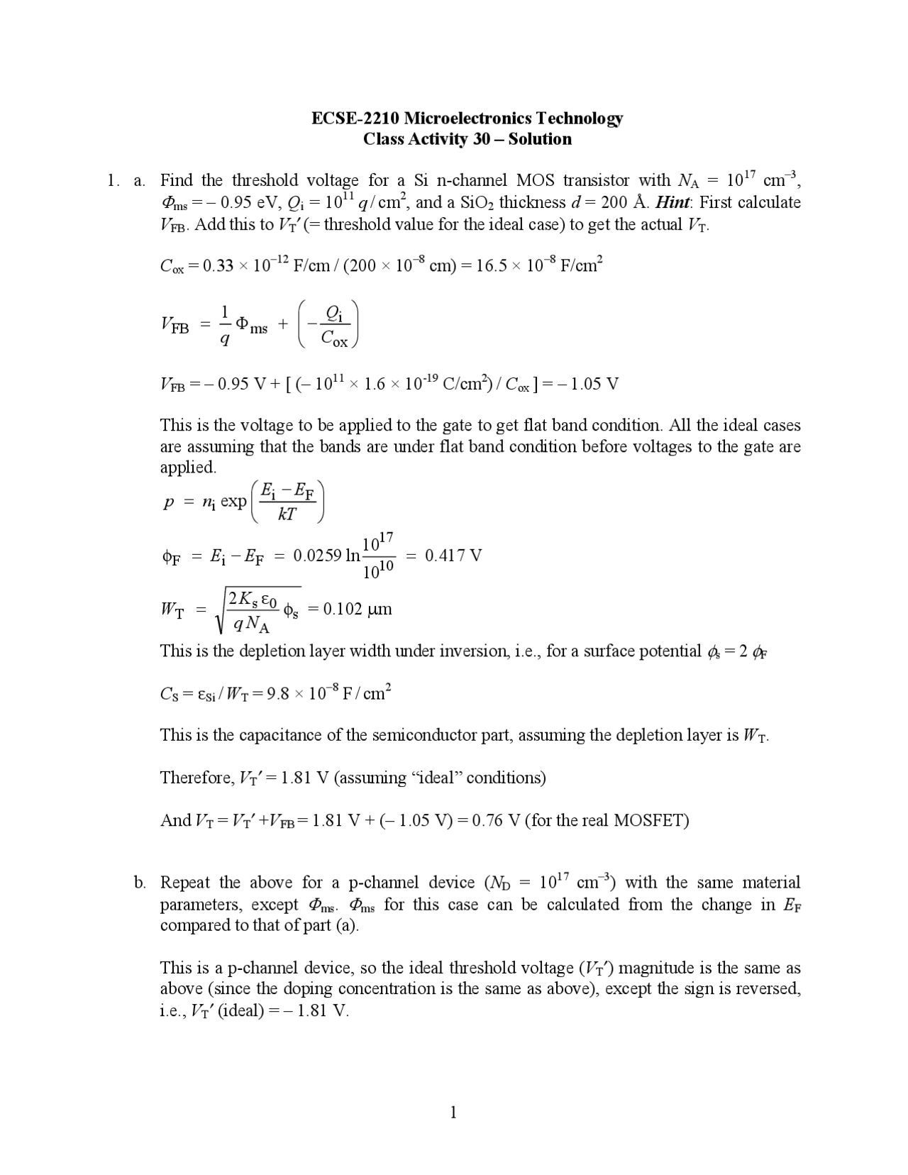 Class Activity 30 With Solutions Microelectronics Technology Ecse 2210 Docsity Class Activity 30 With Solutions Microelectronics Technology Ecse 2210 Docsity