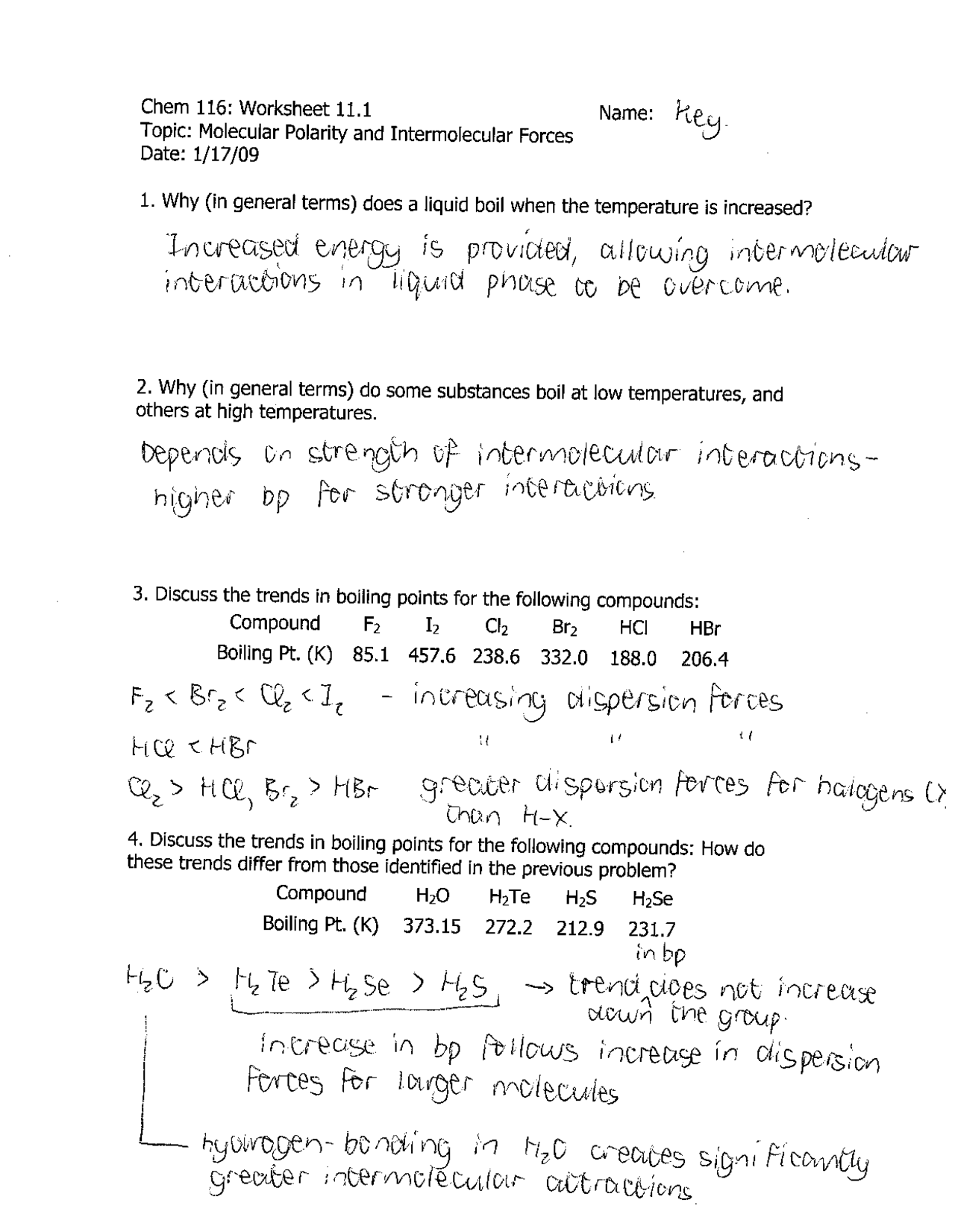 Worksheet 22 with Solution on Molecular Polarity and Forces  CHEM Within Forces Worksheet 1 Answer Key