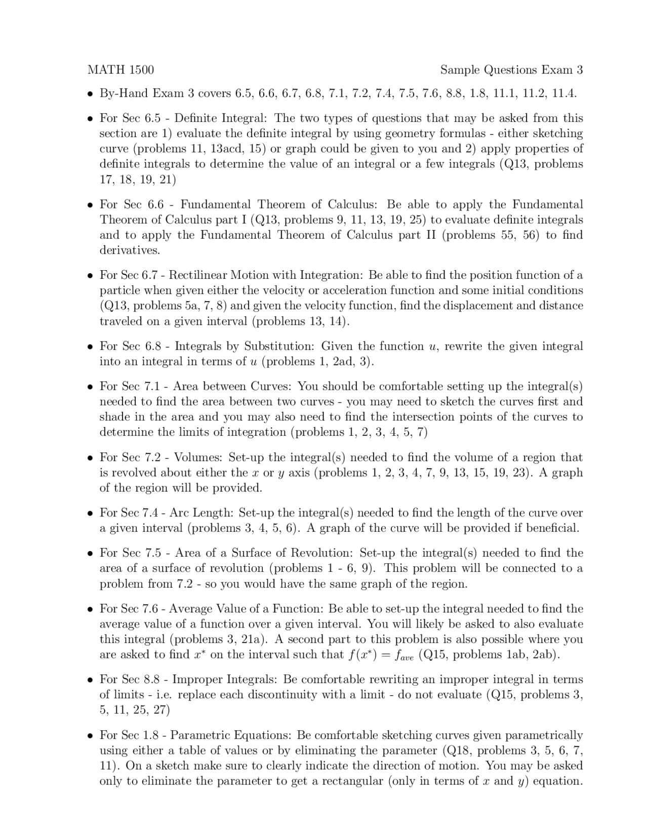 Sample Questions for Exam 3 - Calculus I for Architecture | MATH 1500 ...
