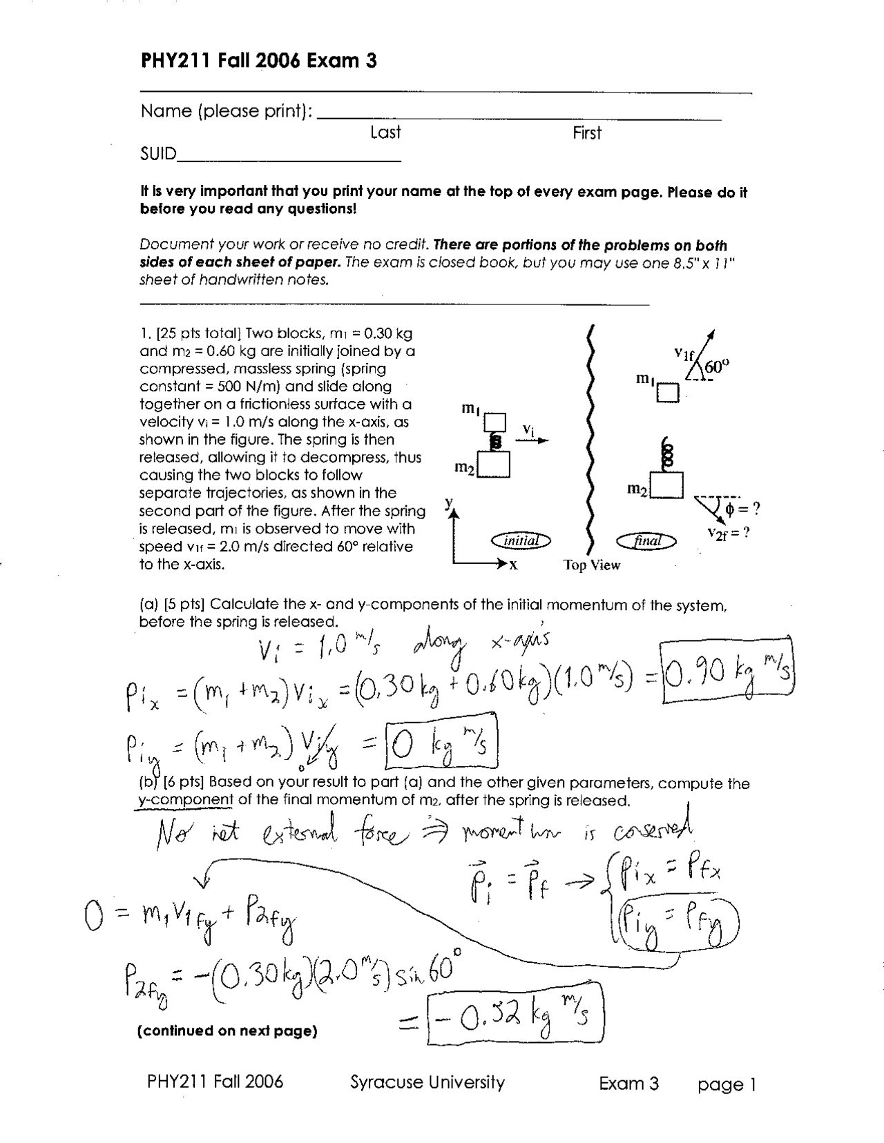 Test 3 Solutions - General Physics I - Fall 2003 | PHY 211 | Exams ...