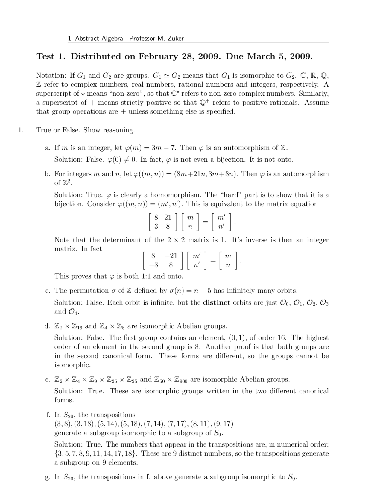 Solved Questions for Exam 1 - Abstract Algebra | MATH 4010 - Docsity