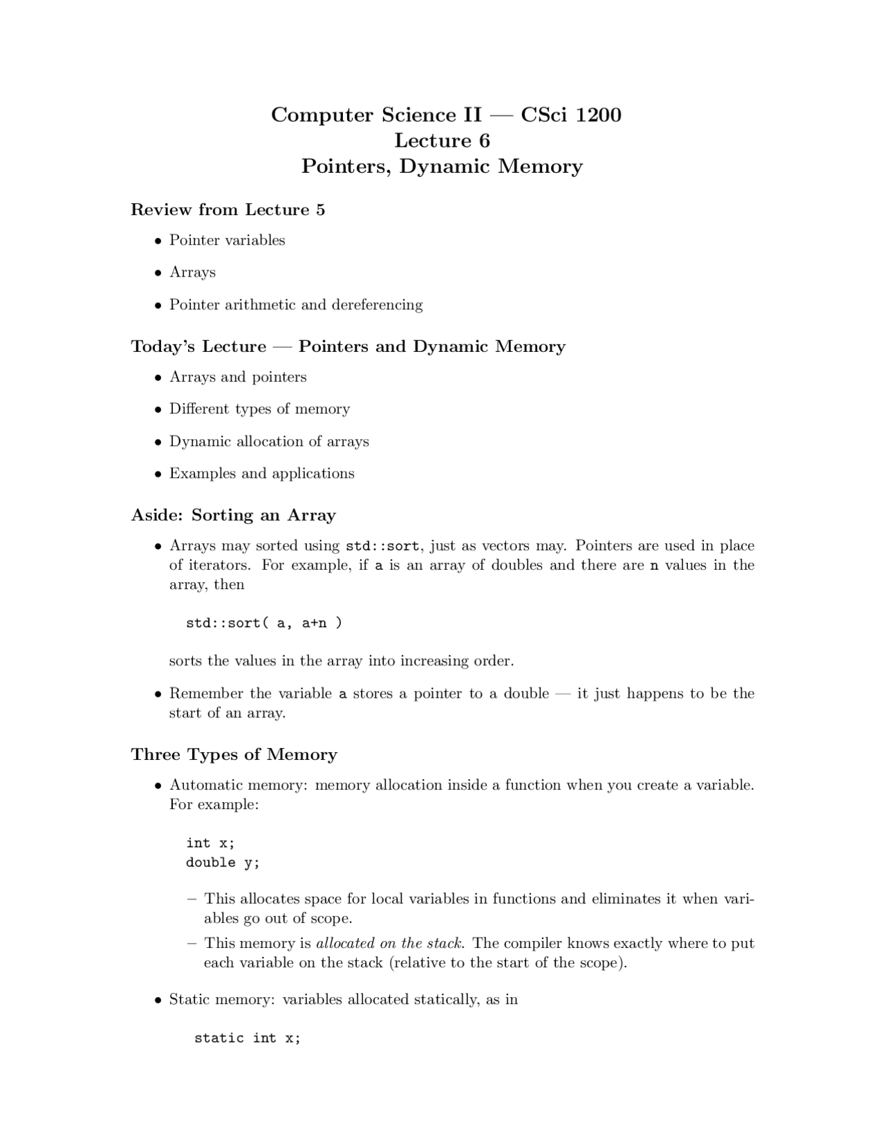 Notes on Pointers, Dynamic Memory - Data Structures | CSCI 1200 - Docsity