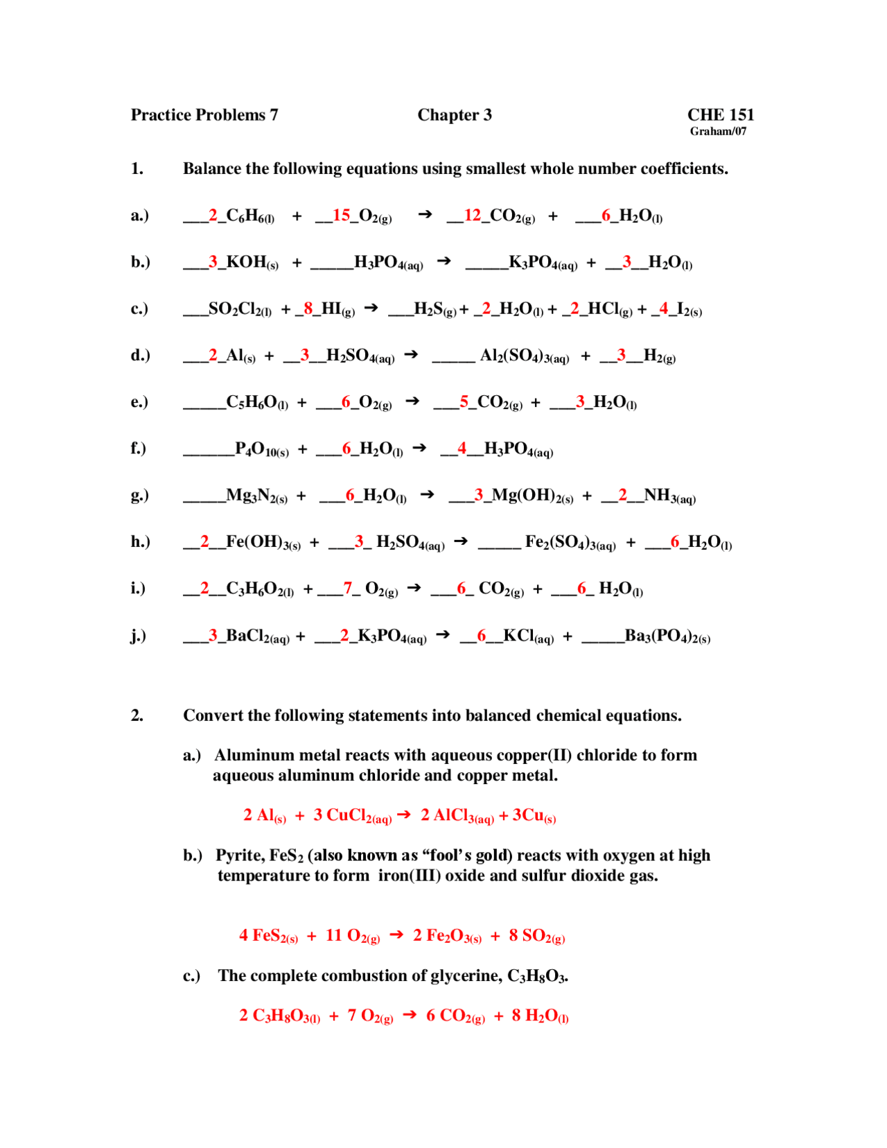 Chemistry Example Problems Practice Problems 7 - General College Chemistry I | CHE 151 - Docsity