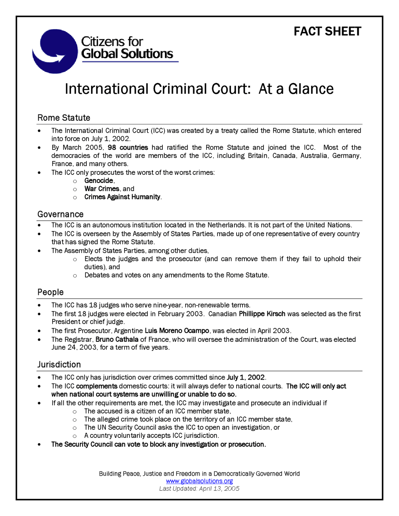 International Criminal Court - At a Glance - Fact Sheet | PSC 124 - Docsity