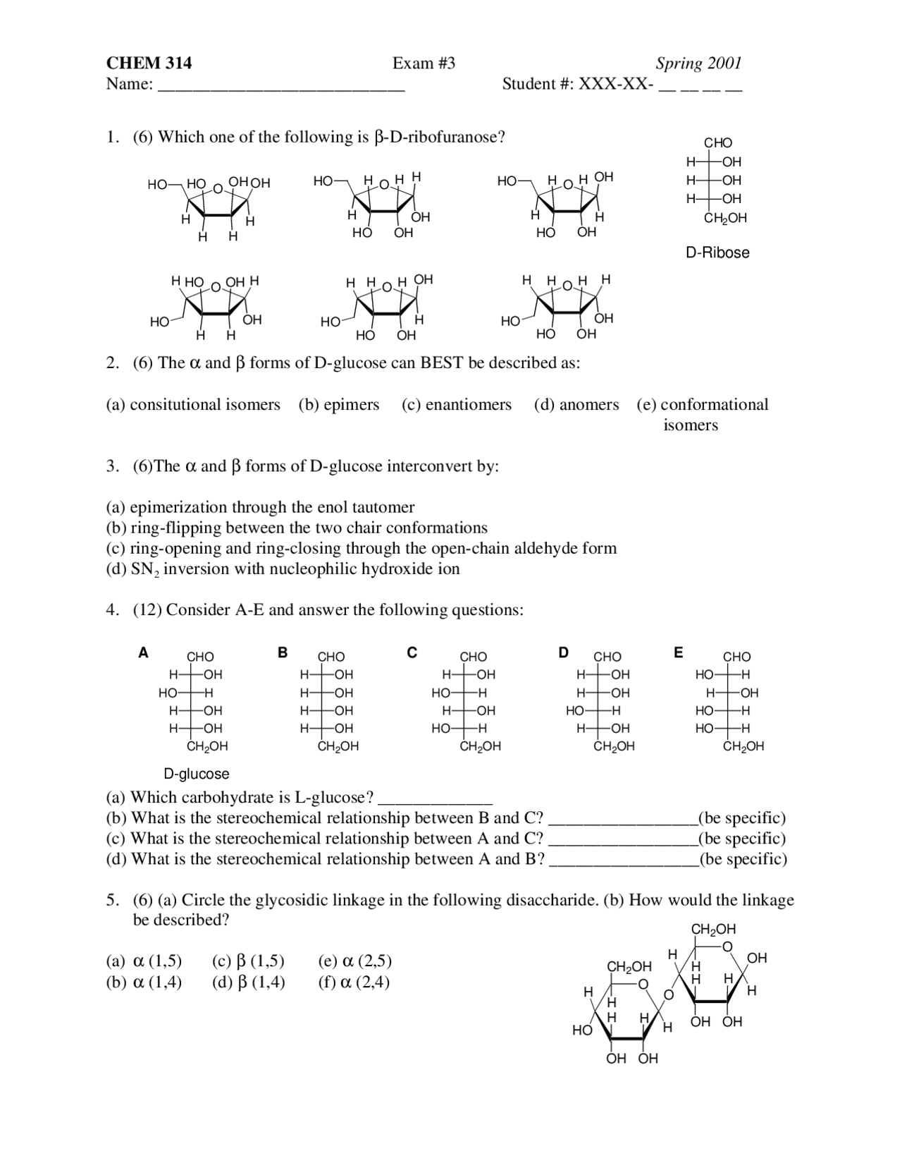 Practice Exam 3 - Spring 2001 - Organic Chemistry II | CHEM 314 - Docsity