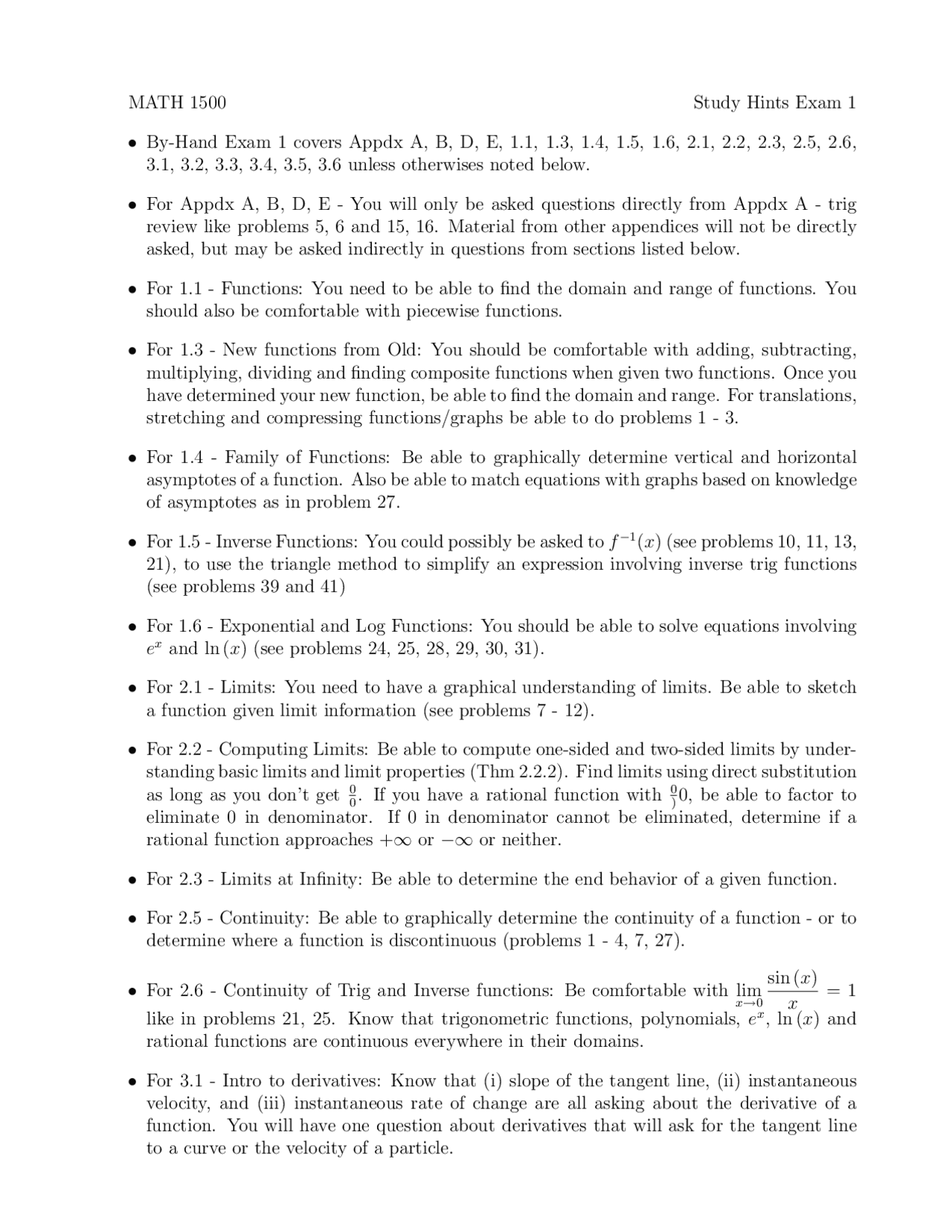 Study Hints for Exam 1 - Calculus I for Architecture | MATH 1500 - Docsity