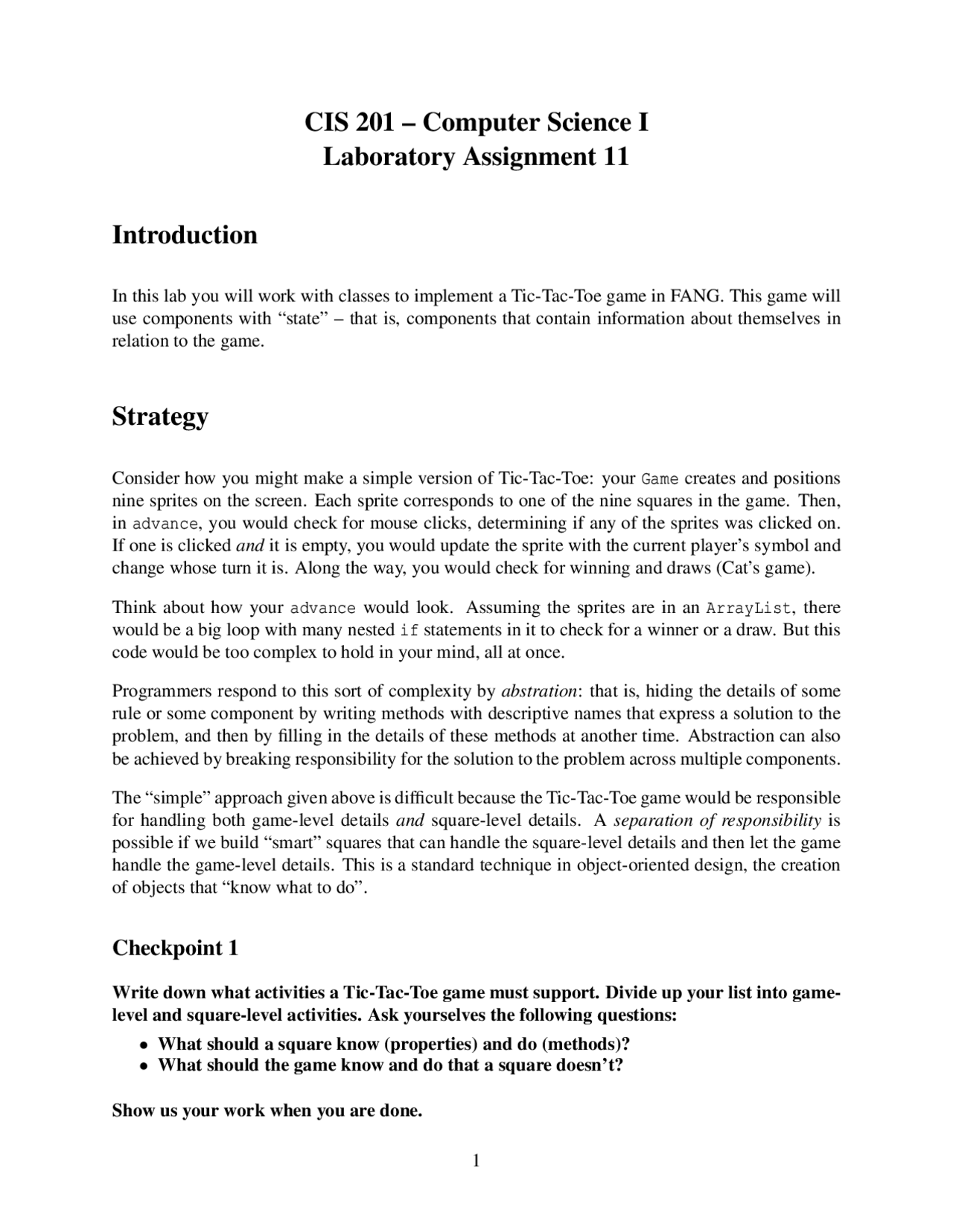 Laboratory Assignment 11 - Computer Science I Lab | CIS 201 - Docsity