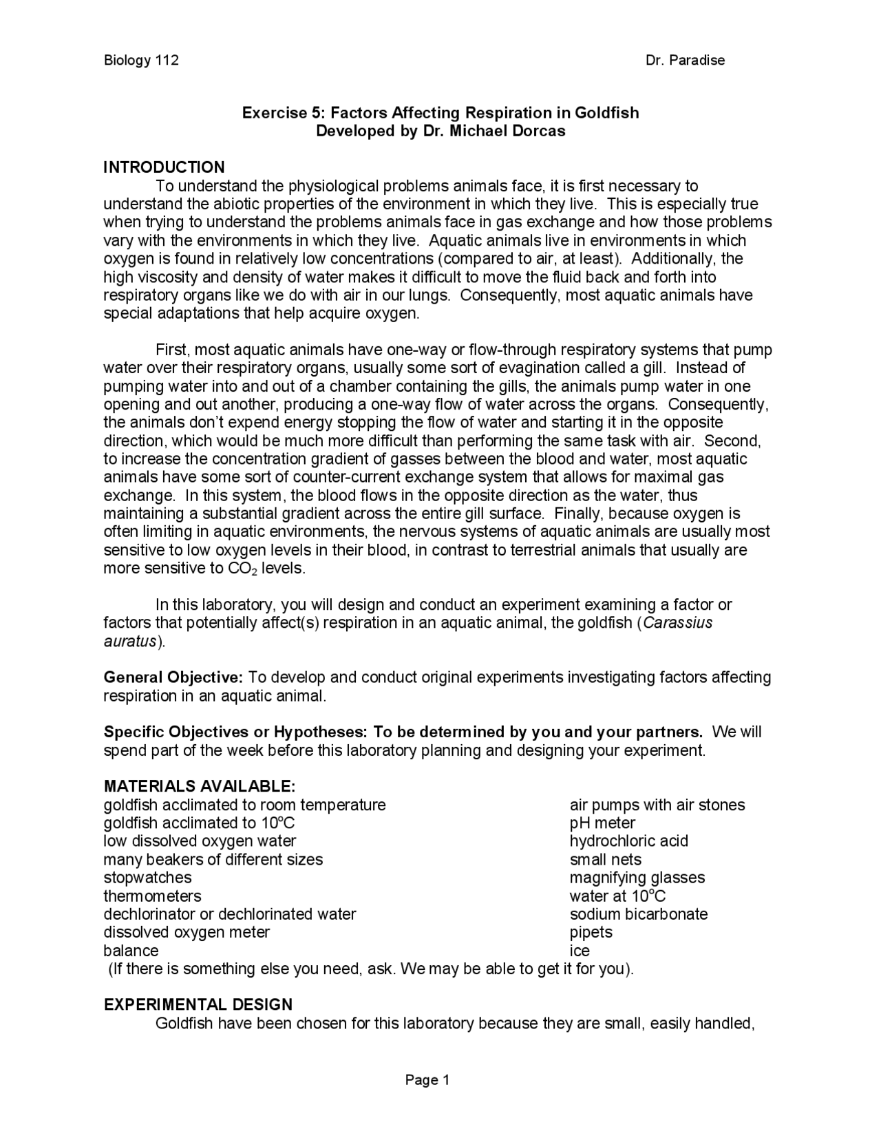 Factors Affecting Respiration in Goldfish - Lab | BIO 112 - Docsity