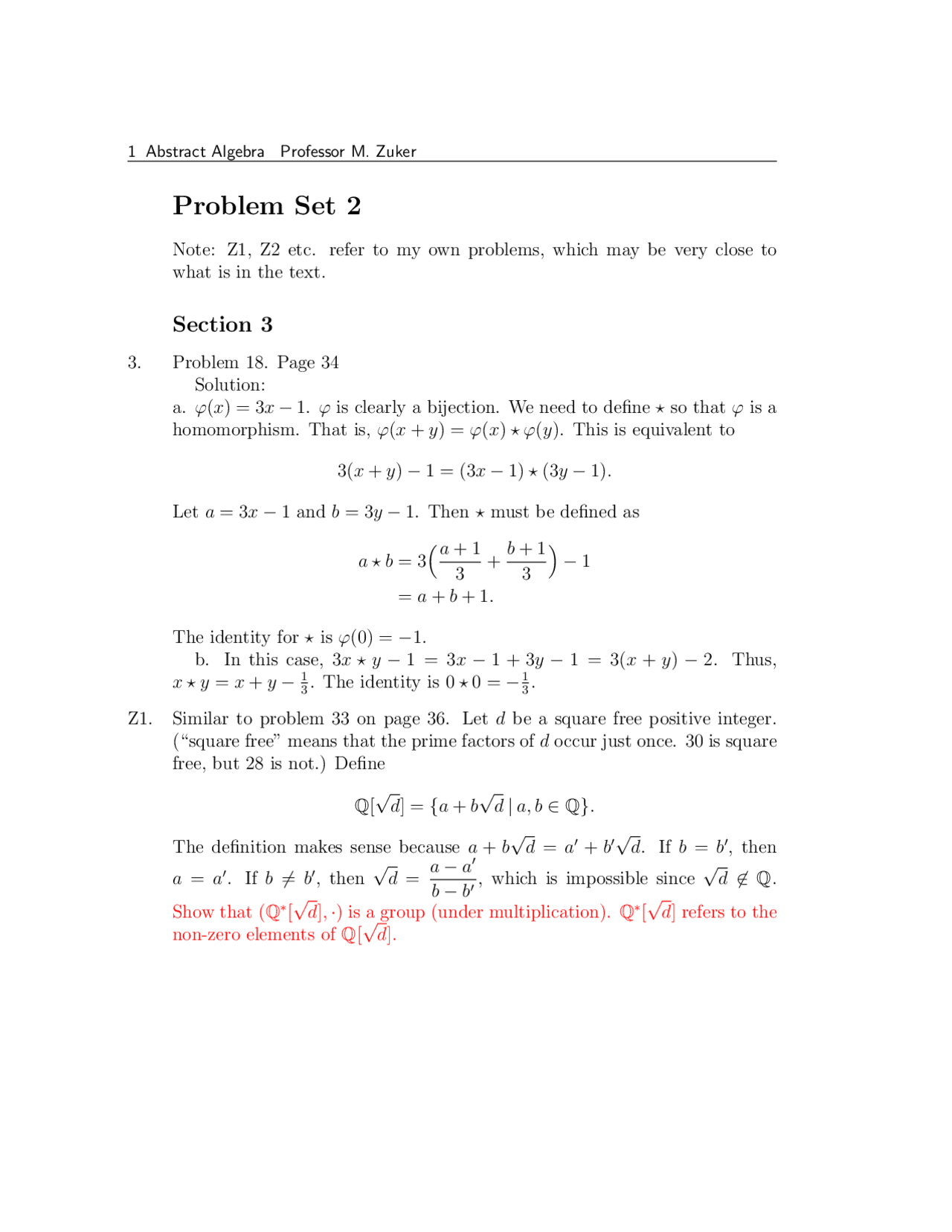 Abstract Algebra - Problem Set 2 with Resolution | MATH 4010 - Docsity