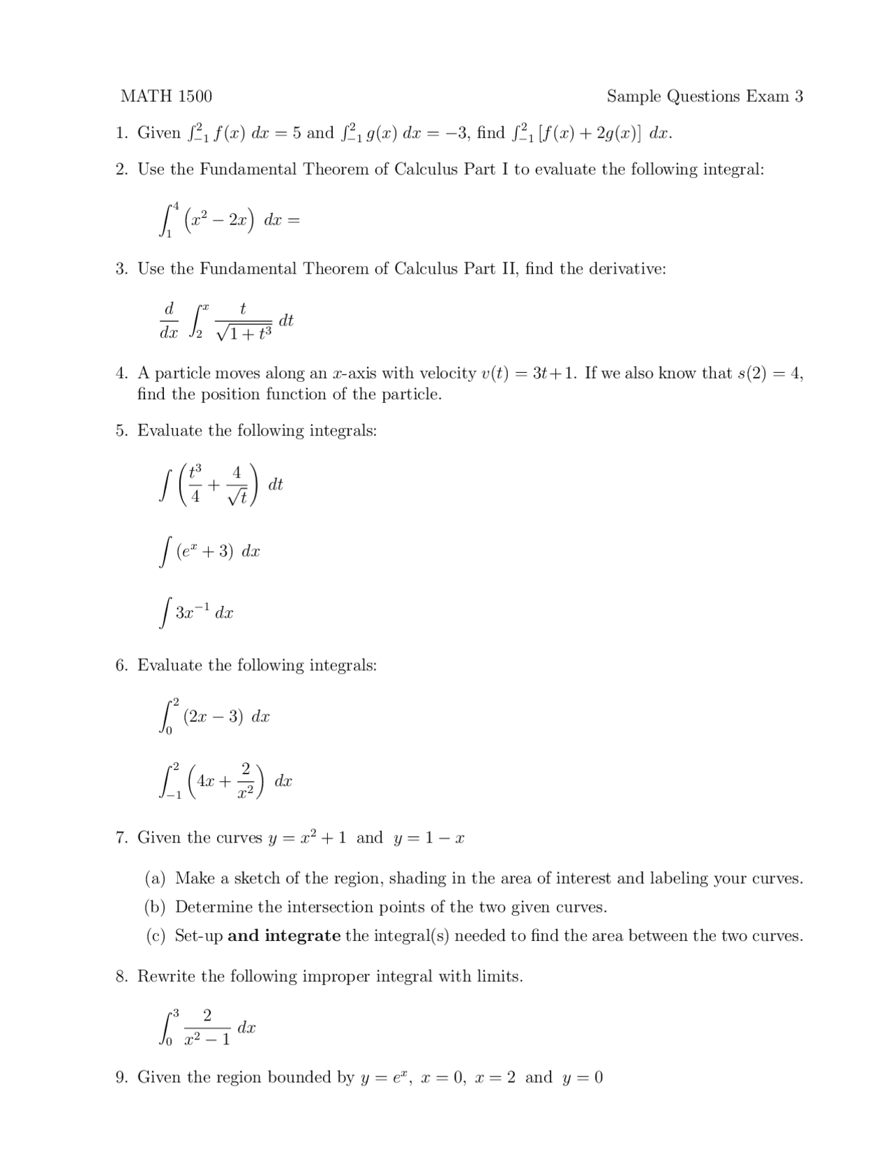 Sample Questions Exam 3 - Calculus I for Architecture Management | MATH ...