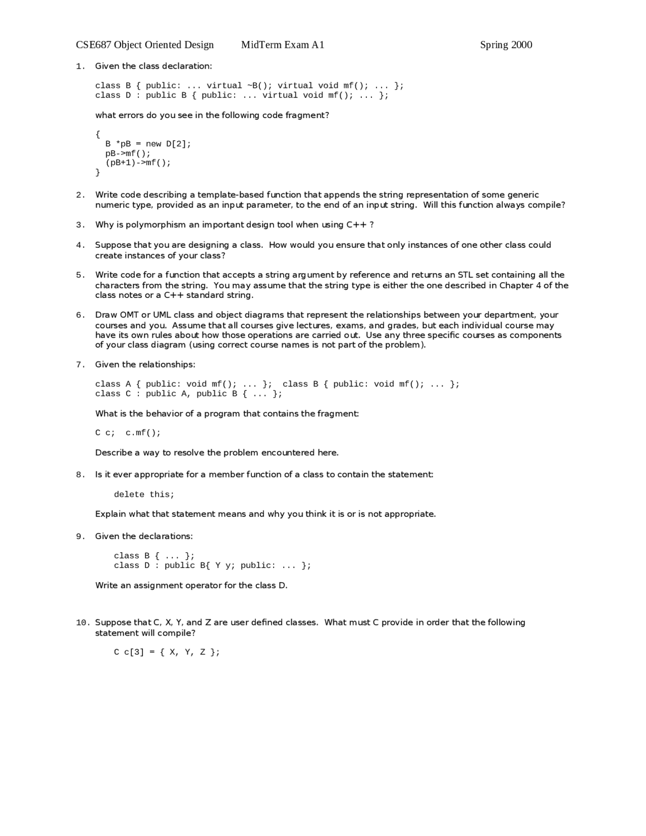 Midterm Exam 1 - Object Oriented Design - Spring 2000 | CSE 687 - Docsity