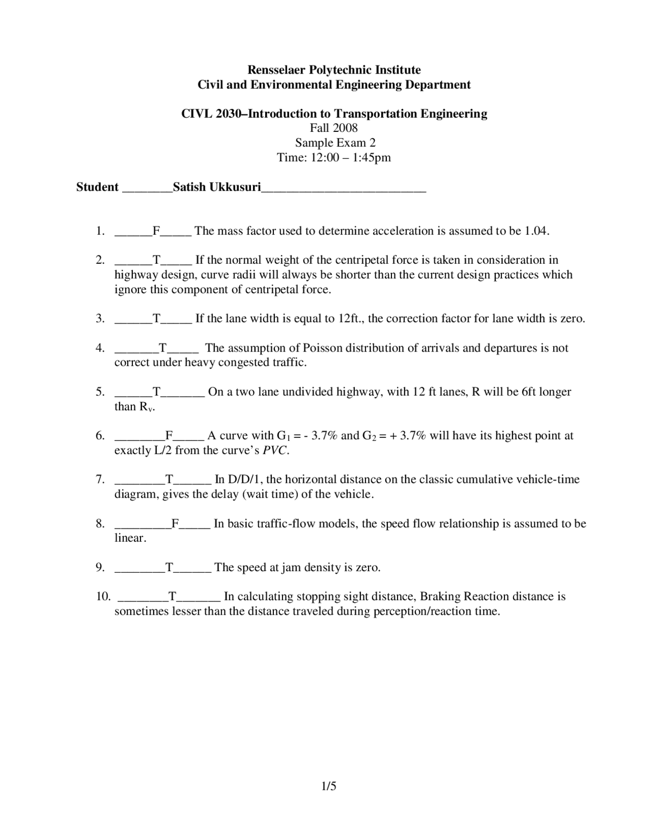 Transportation Engineering Exam: CIVL 2030 at Rensselaer Polytechnic ...