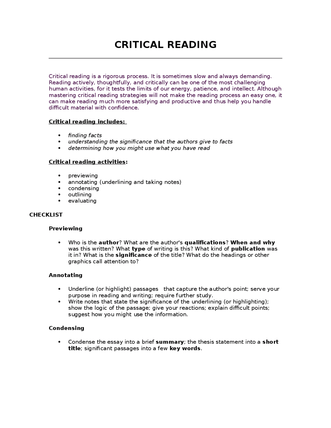 Outlining Examples Critical Reading Critical Reading - Global Community, Notes | MAX 132 - Docsity