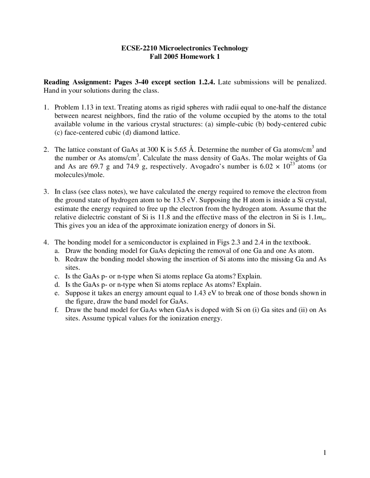 4 Questions on Microelectronics Technology - Assignment 1 - Fall 2005 ...