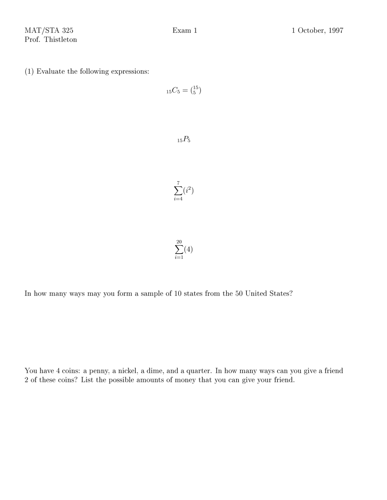 5 Problems Exam 1 - Applied Statistical Analysis | MAT 225 - Docsity