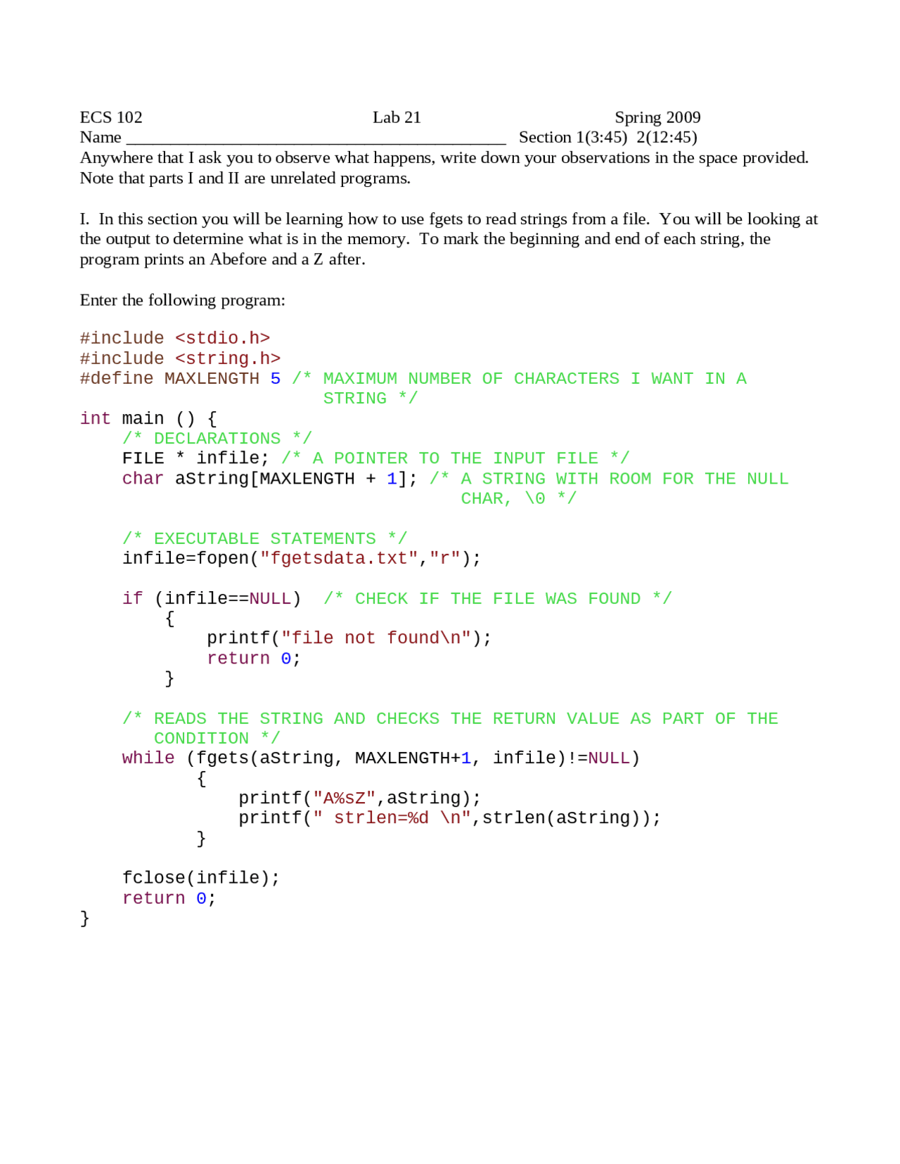 How to Use Fgets to Read Strings from File - Lab 21 | ECS 102 - Docsity