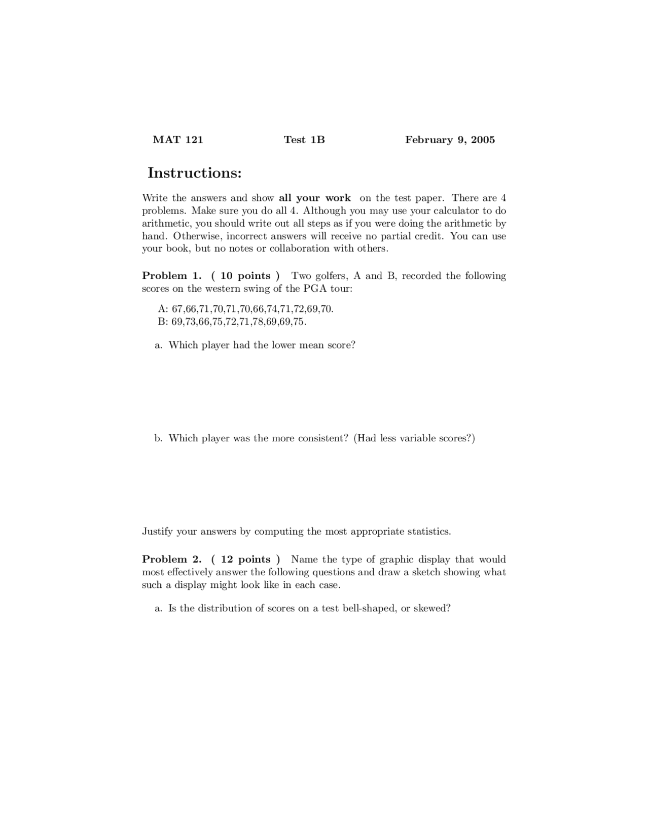 Probability and Statistics for the Liberal Arts I - Exam | MAT 121 ...