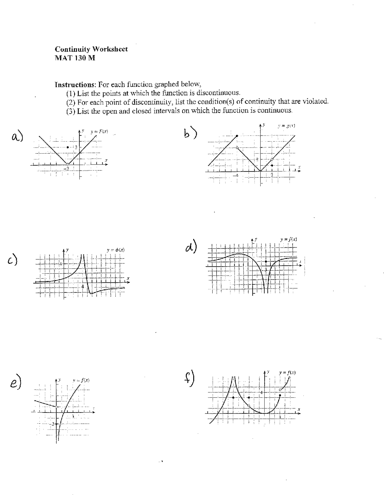 Continuity Worksheet - Calculus I | MAT 130 | Assignments Calculus ...