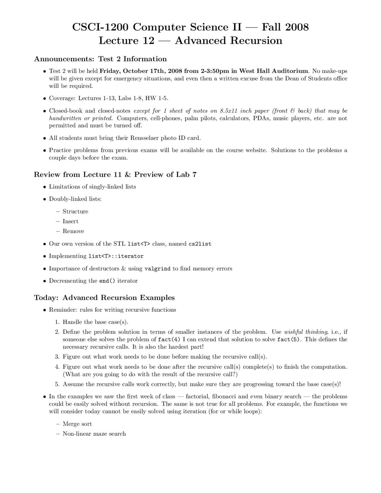 Advanced Recursion - Computer Science II - Data Structures - Exam 2 ...
