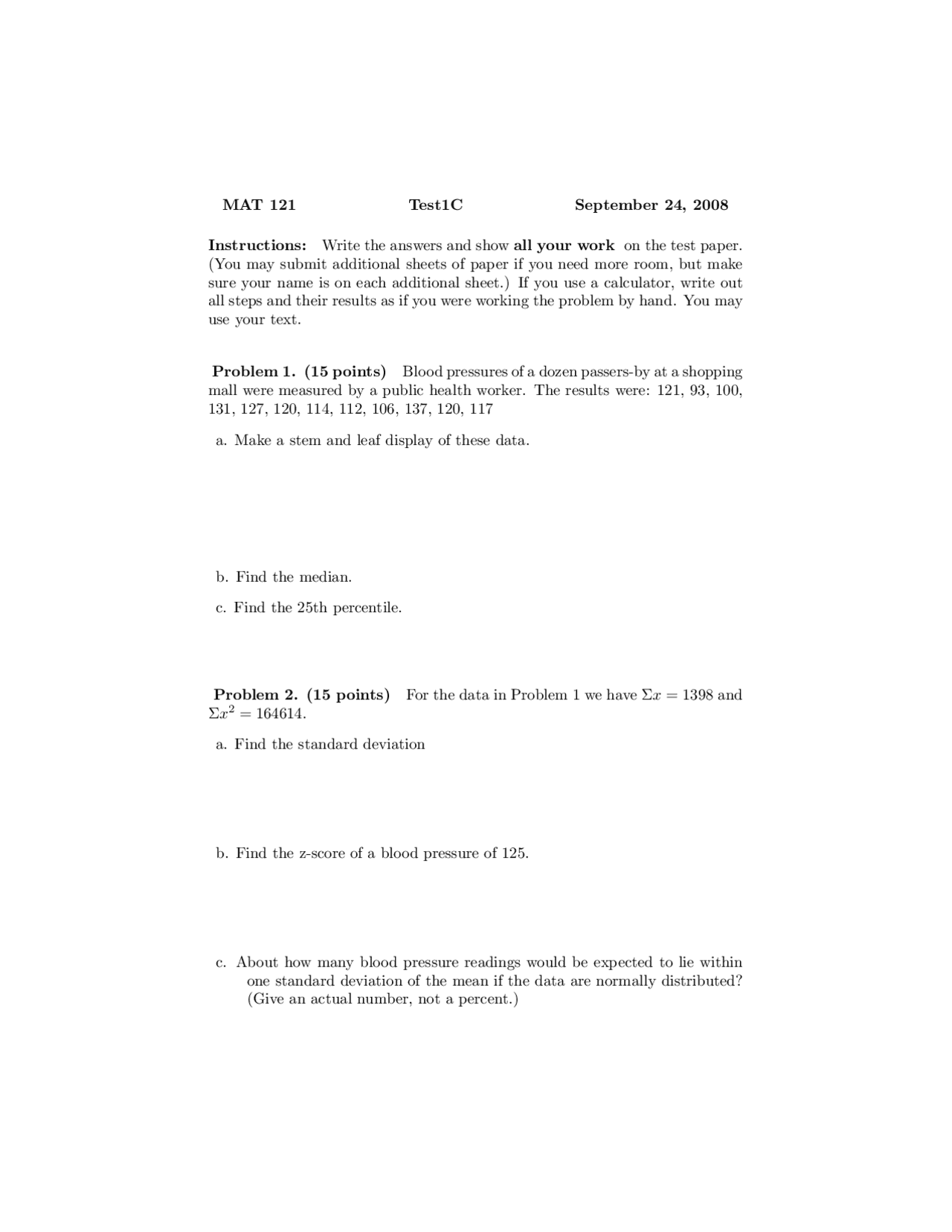4 Problems of Probability, Statistics for the Liberal Arts I - Exam 1 ...