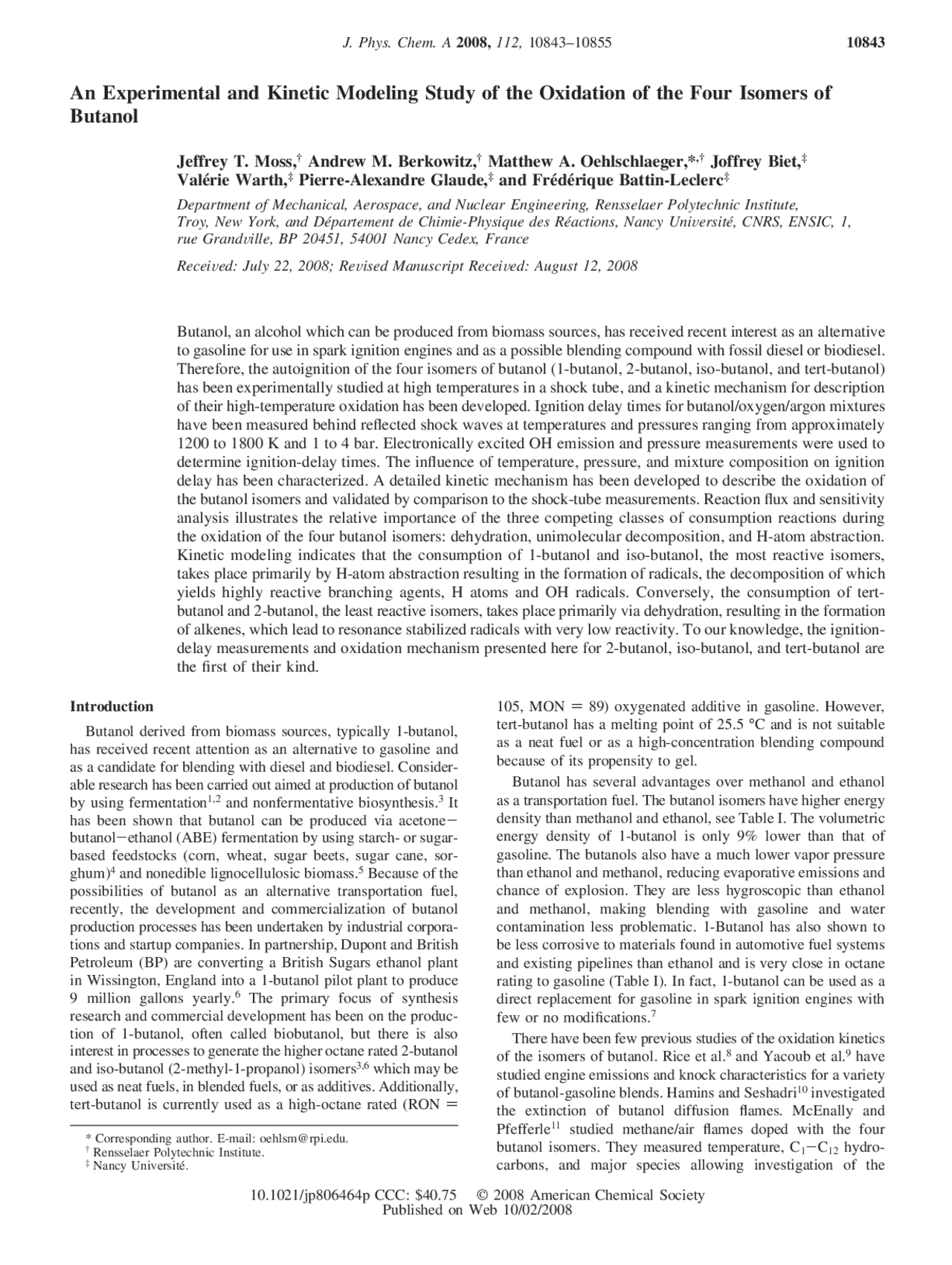 Experimental and Kinetic Modeling Study Oxidation - Instructional ...