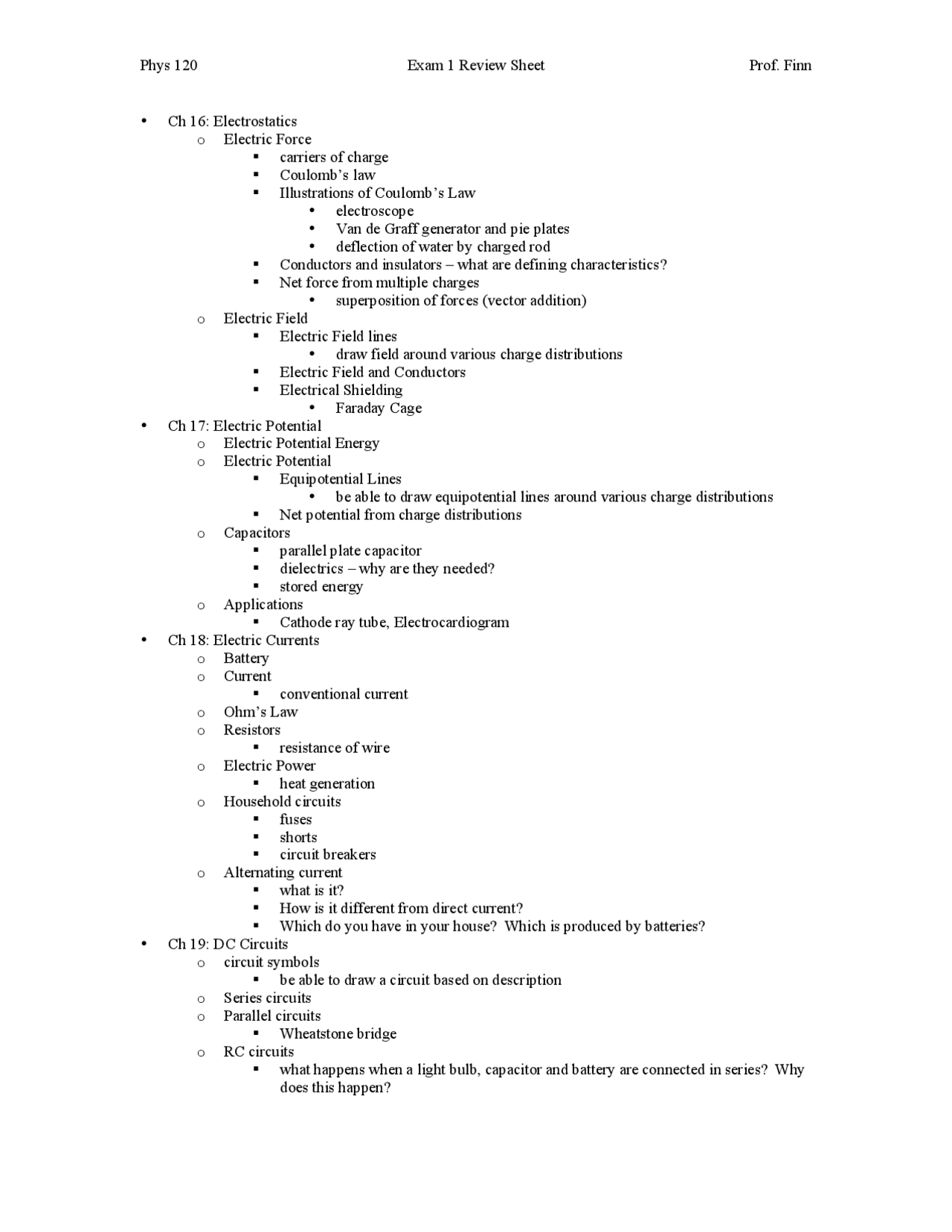 Exam 1 Review Sheet - General Physics II | PHYS 120 - Docsity