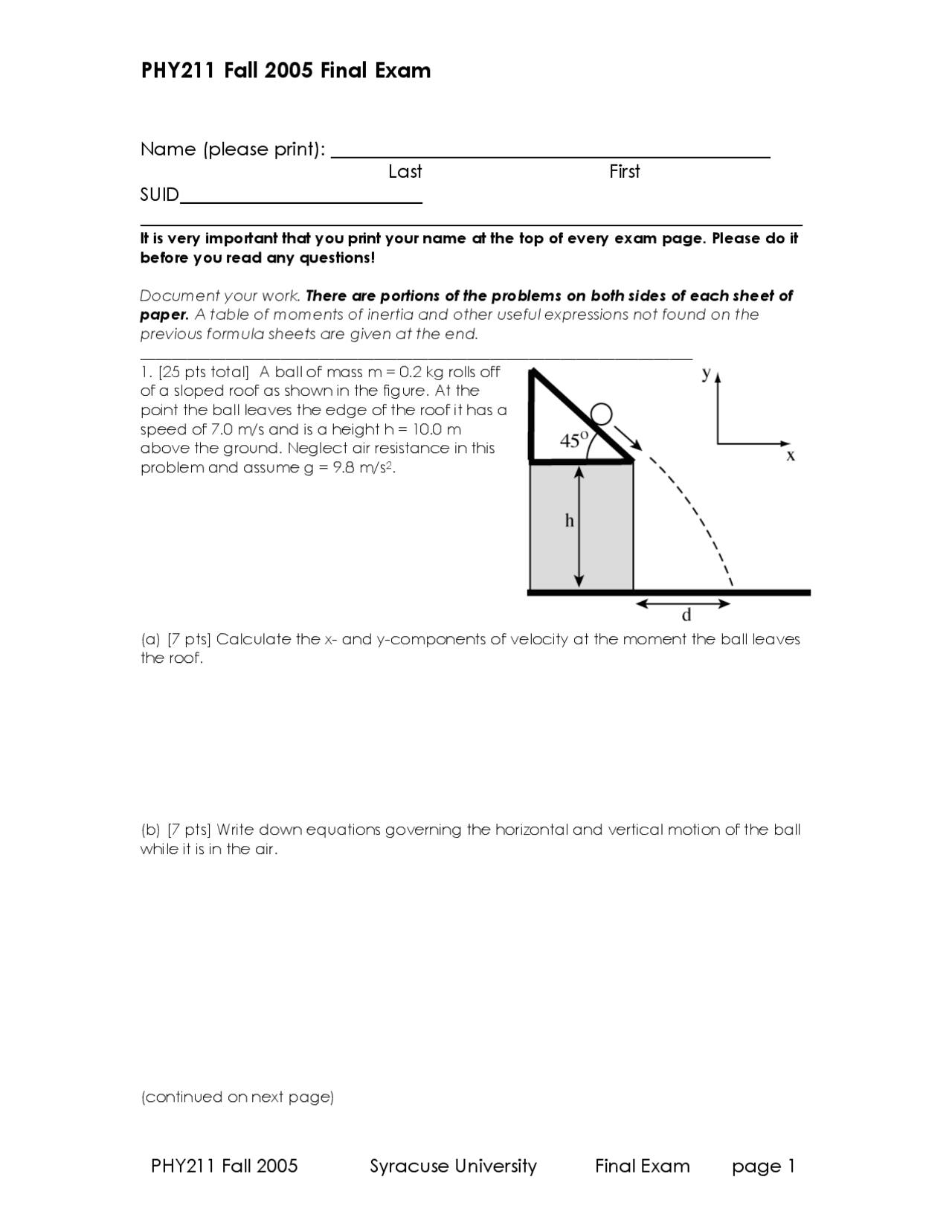 Final Exam Questions - General Physics I | PHY 211 - Docsity