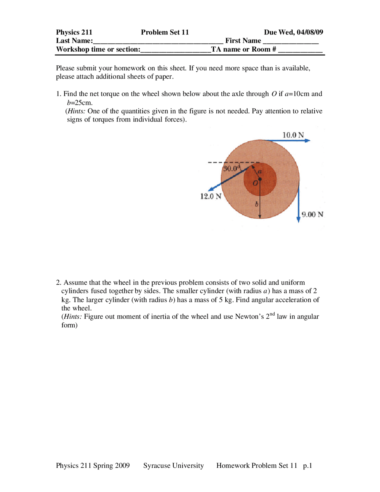 Homework Problem Set 11 for General Physics I | PHY 211 - Docsity