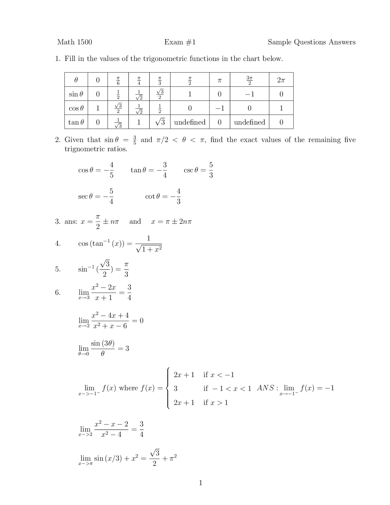 Calculus I Math Questions 17 Questions on Calculus I - Exam 1 | MATH 1500 - Docsity