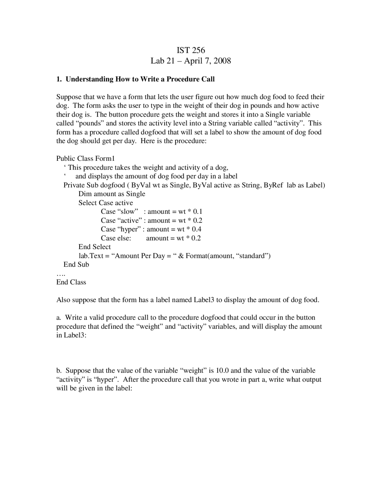 Lab Calling Report How to Write a Procedure Call - Lab Report 21 | IST 256 - Docsity