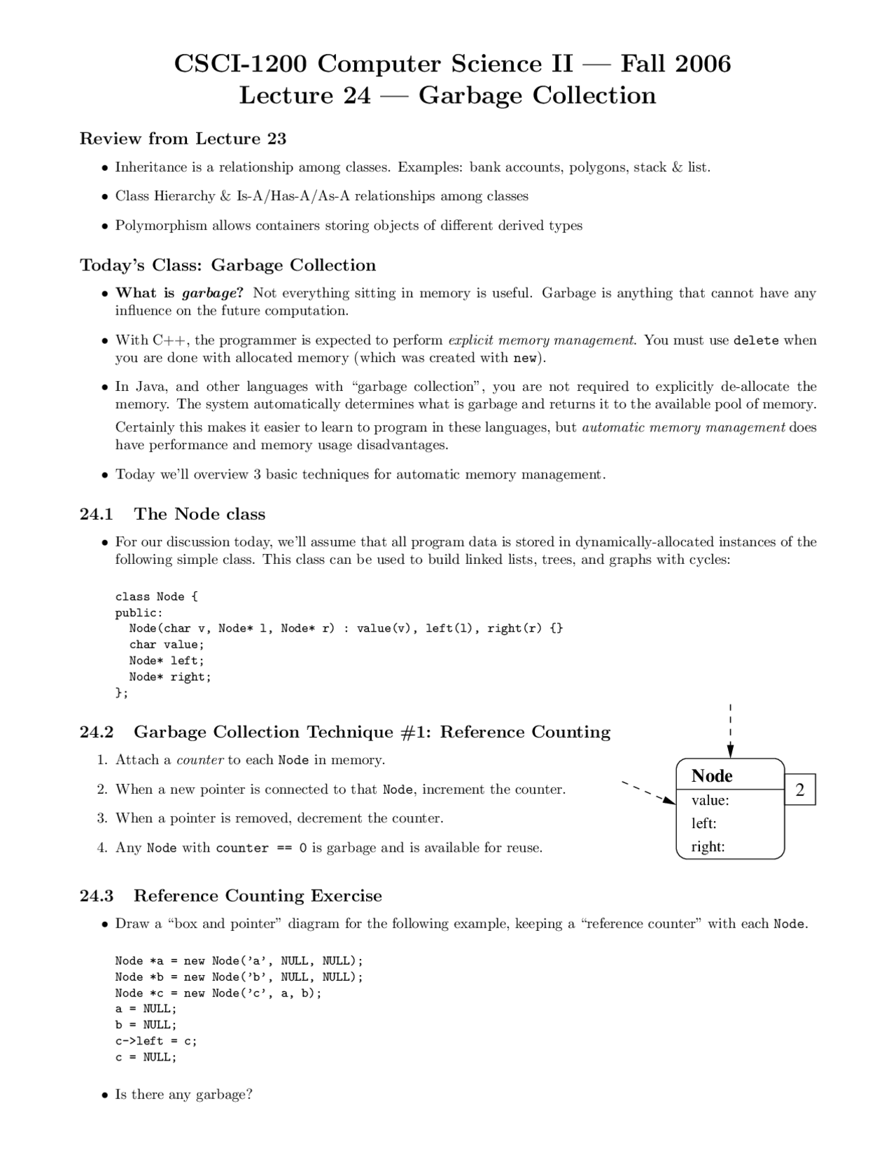 Notes on Garbage Collection Data Structures CSCI 1200 Docsity