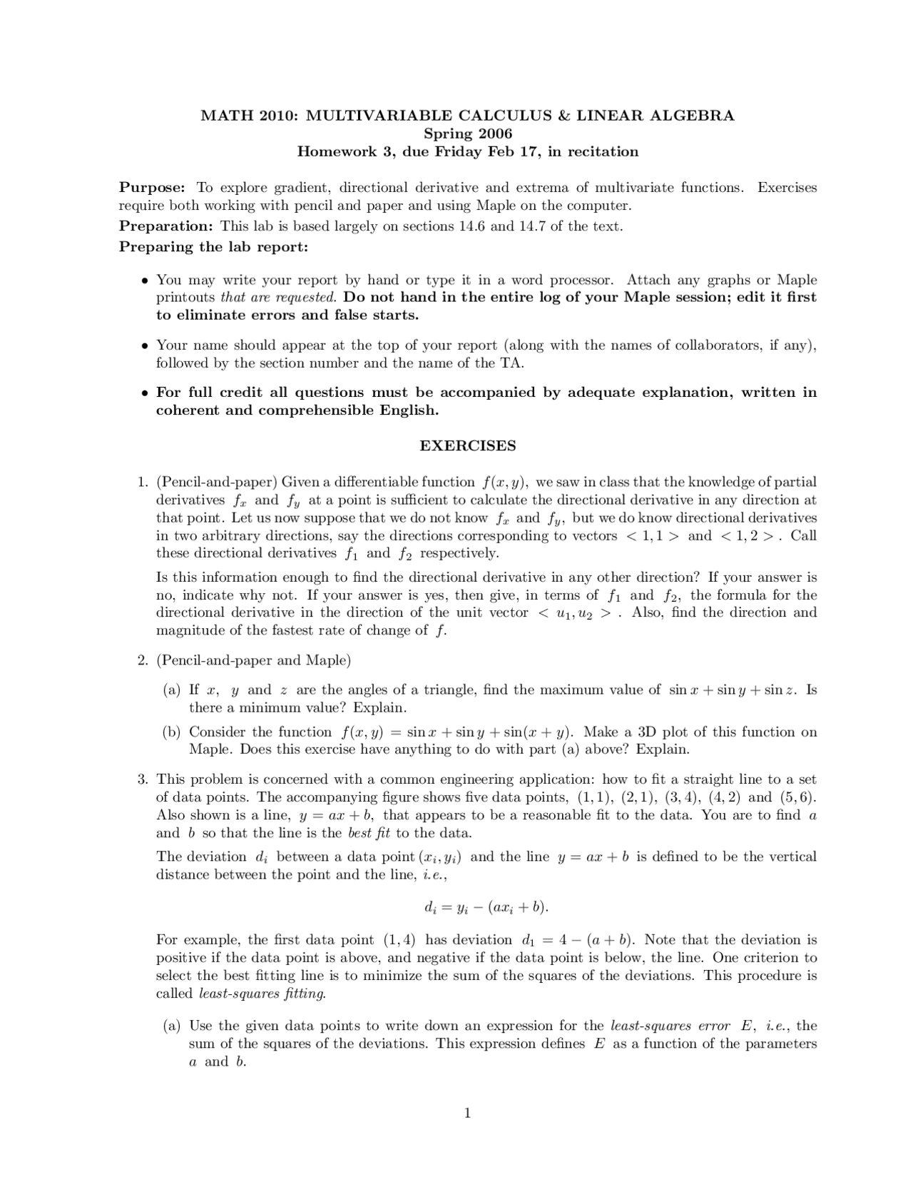 Homework 3 | Multivariable Calculus and Linear Algebra | MATH 2010 ...