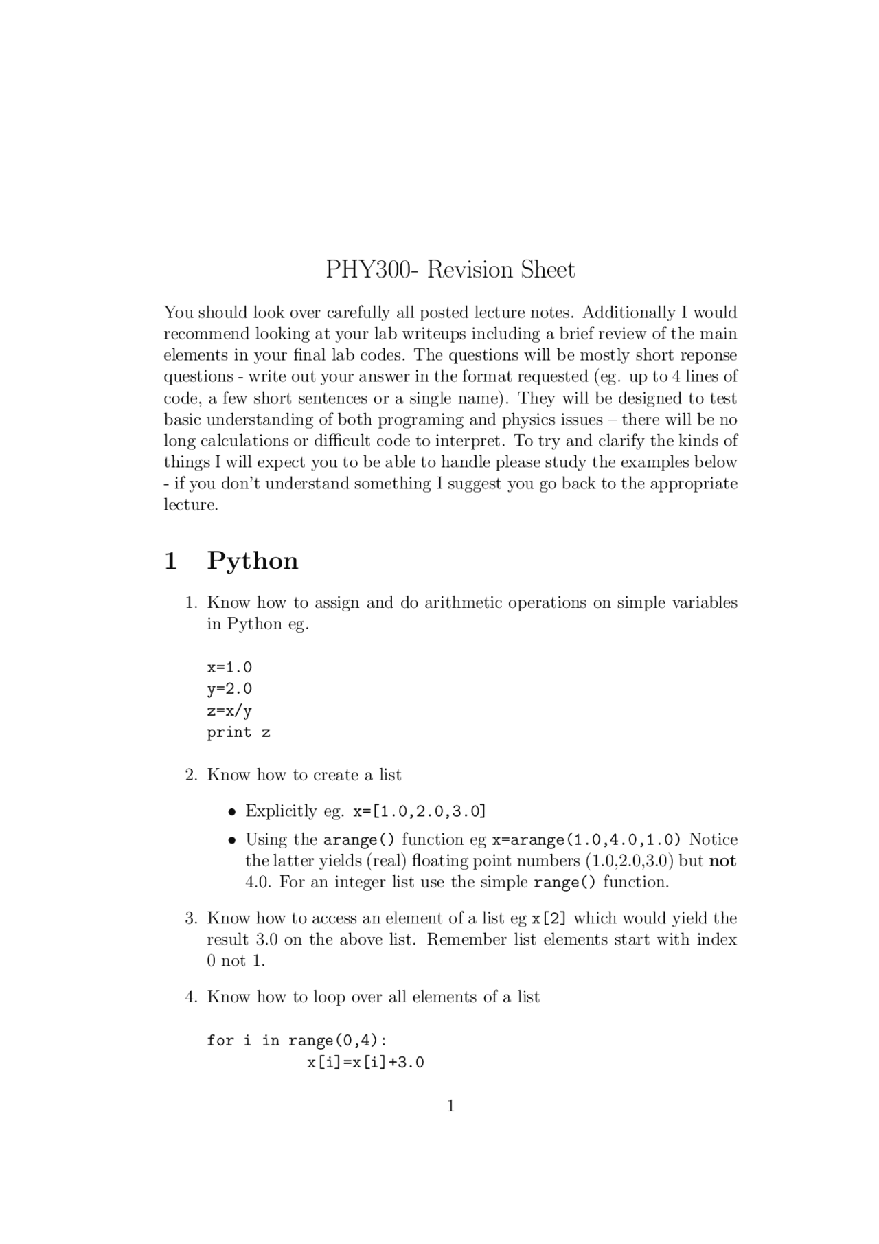 Python, Algorithms - Revision Sheet - Selected Topics | PHY 300 - Docsity