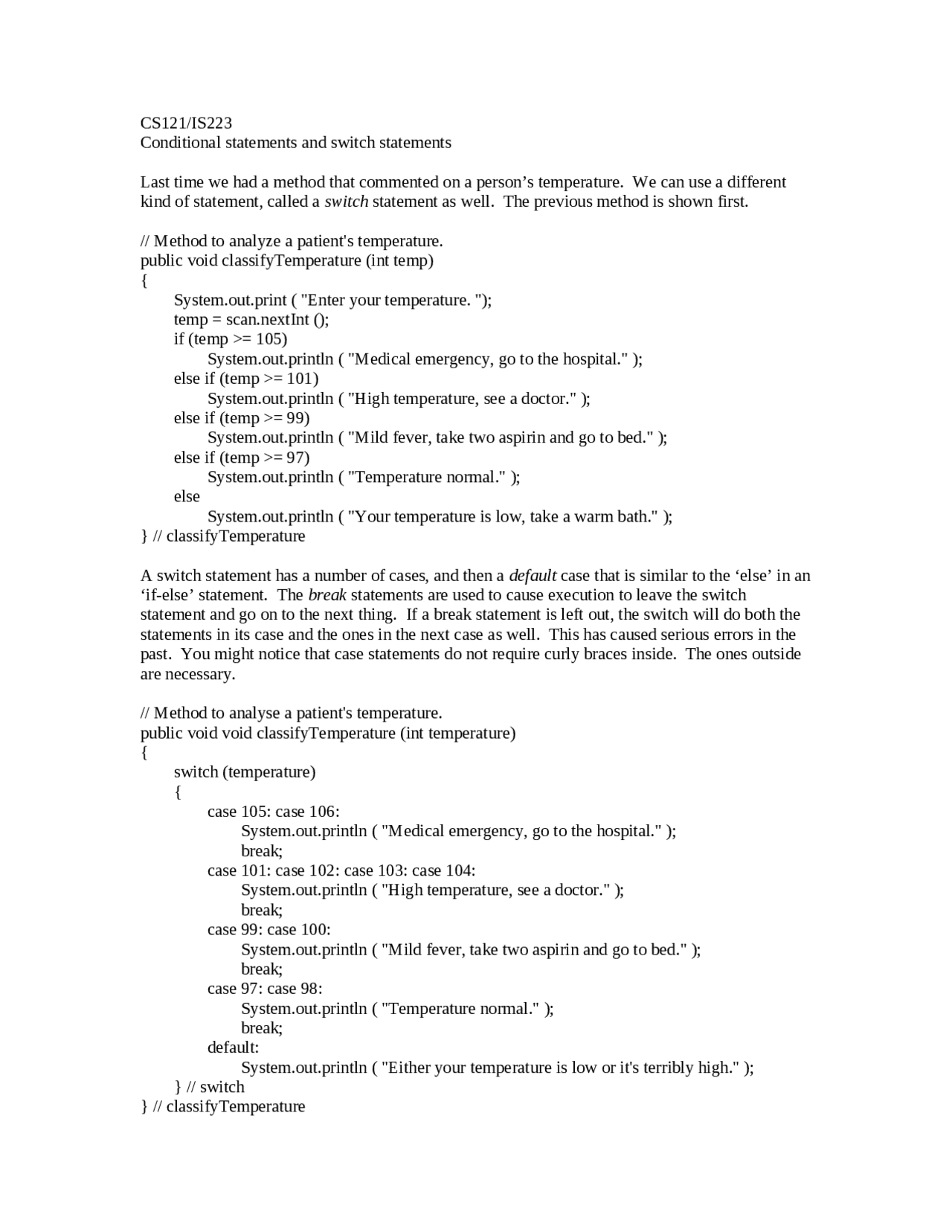 Conditional Statements and Switch Statements - Lab 3 | CS 121 - Docsity