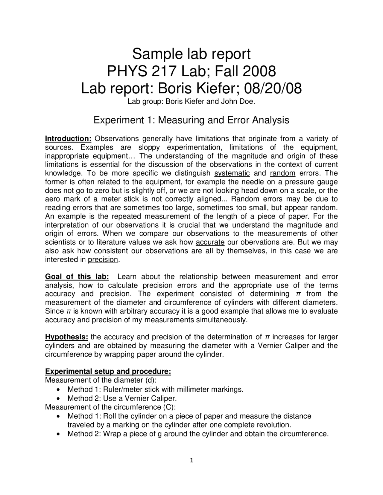 Experiment 1 Measuring and Error Analysis Sample Lab Report PHYS