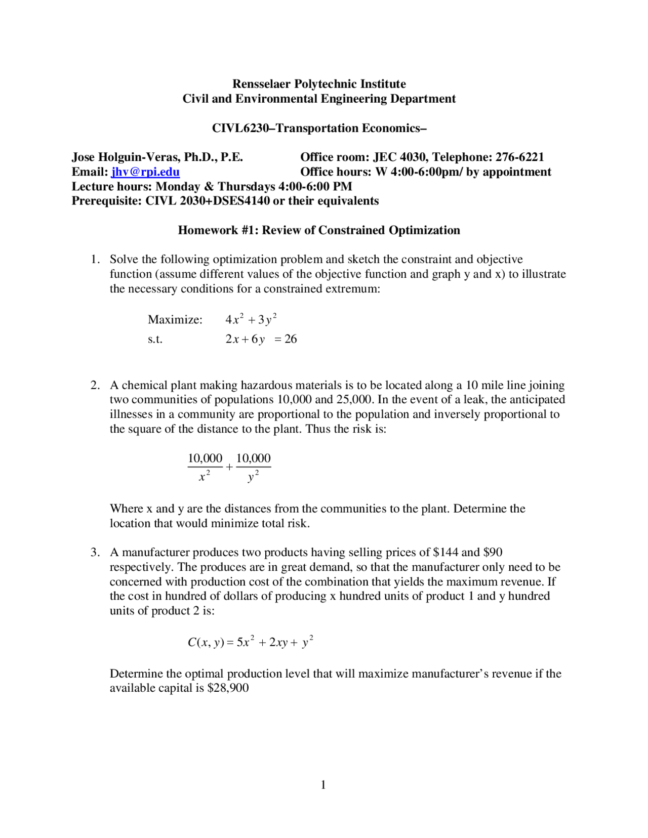Homework 1: Review of Constrained Optimization | CIVL 2030 - Docsity