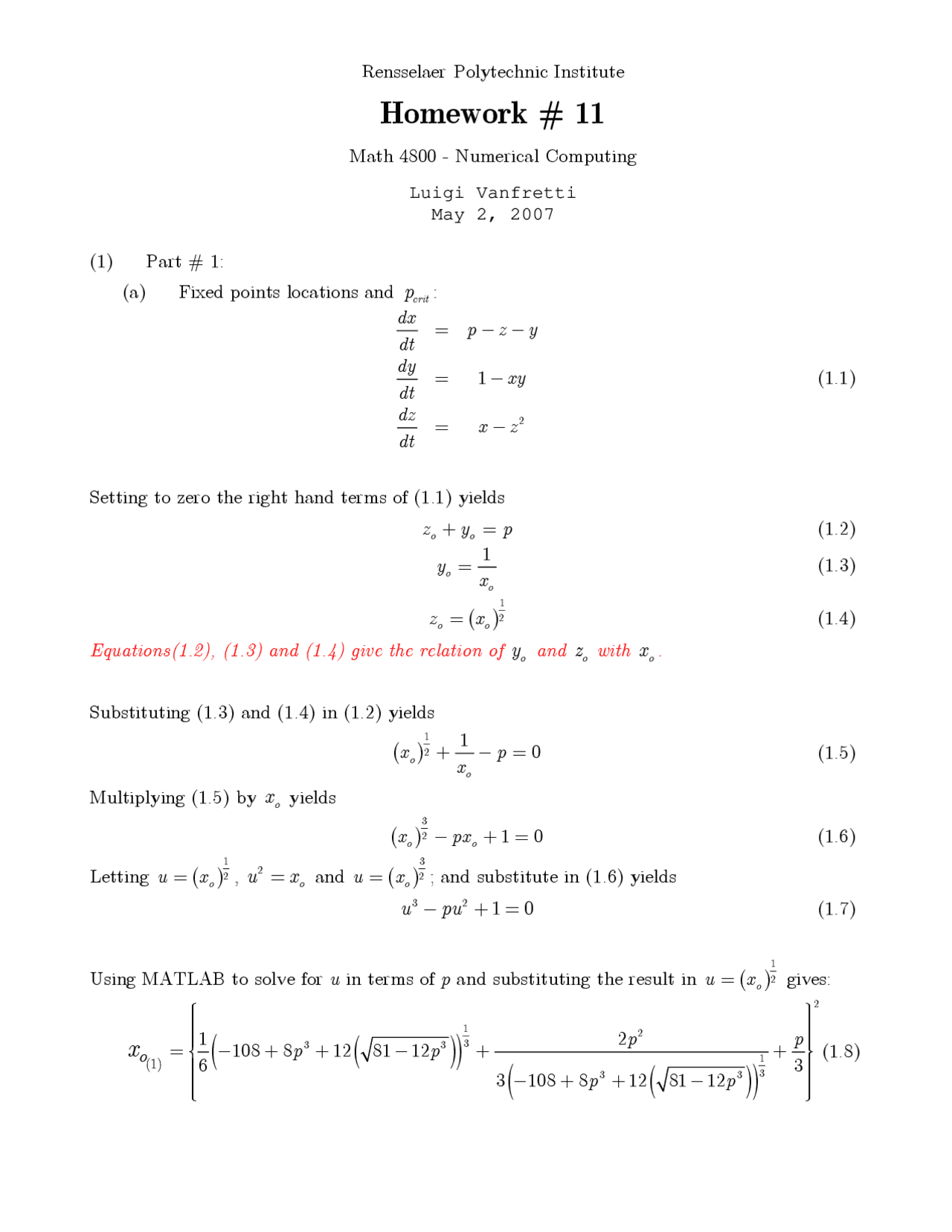 Numerical Computing Homework Solution - Rensselaer