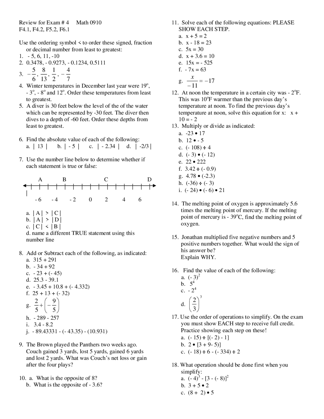 Review for Exam 4 - Basic Arithmetic and Pre-Algebra | MATH 0910 ...
