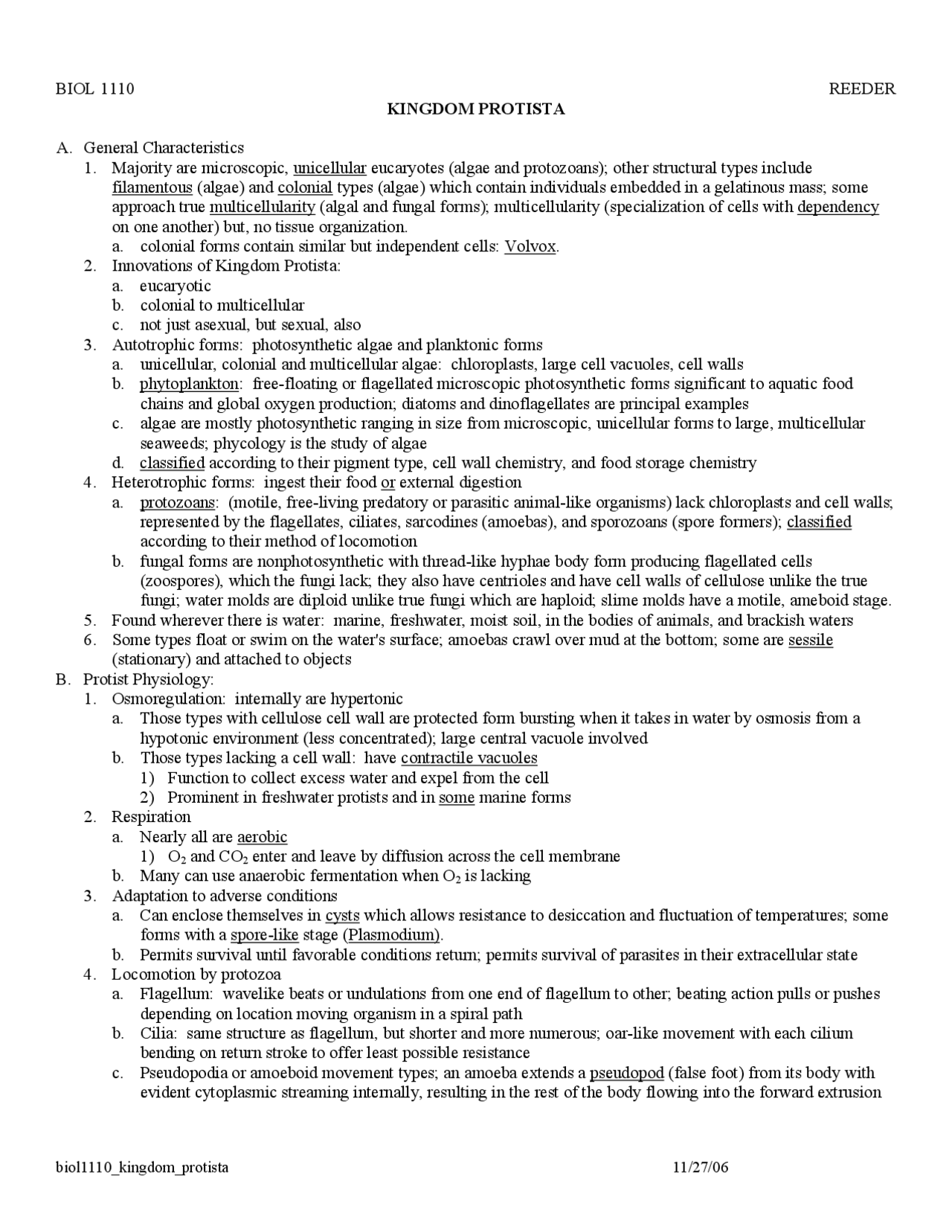 Notes on Kingdom Protista in General Biology I | BIOL 1110 | Study ...