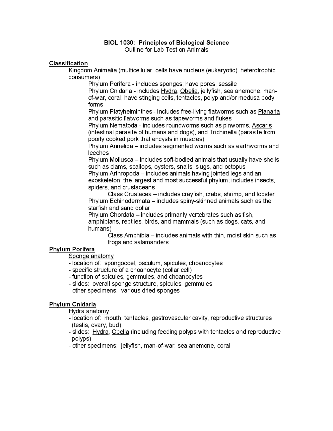 Outline for Lab Test on Animals - Introduction to Biology | BIOL 1030 ...