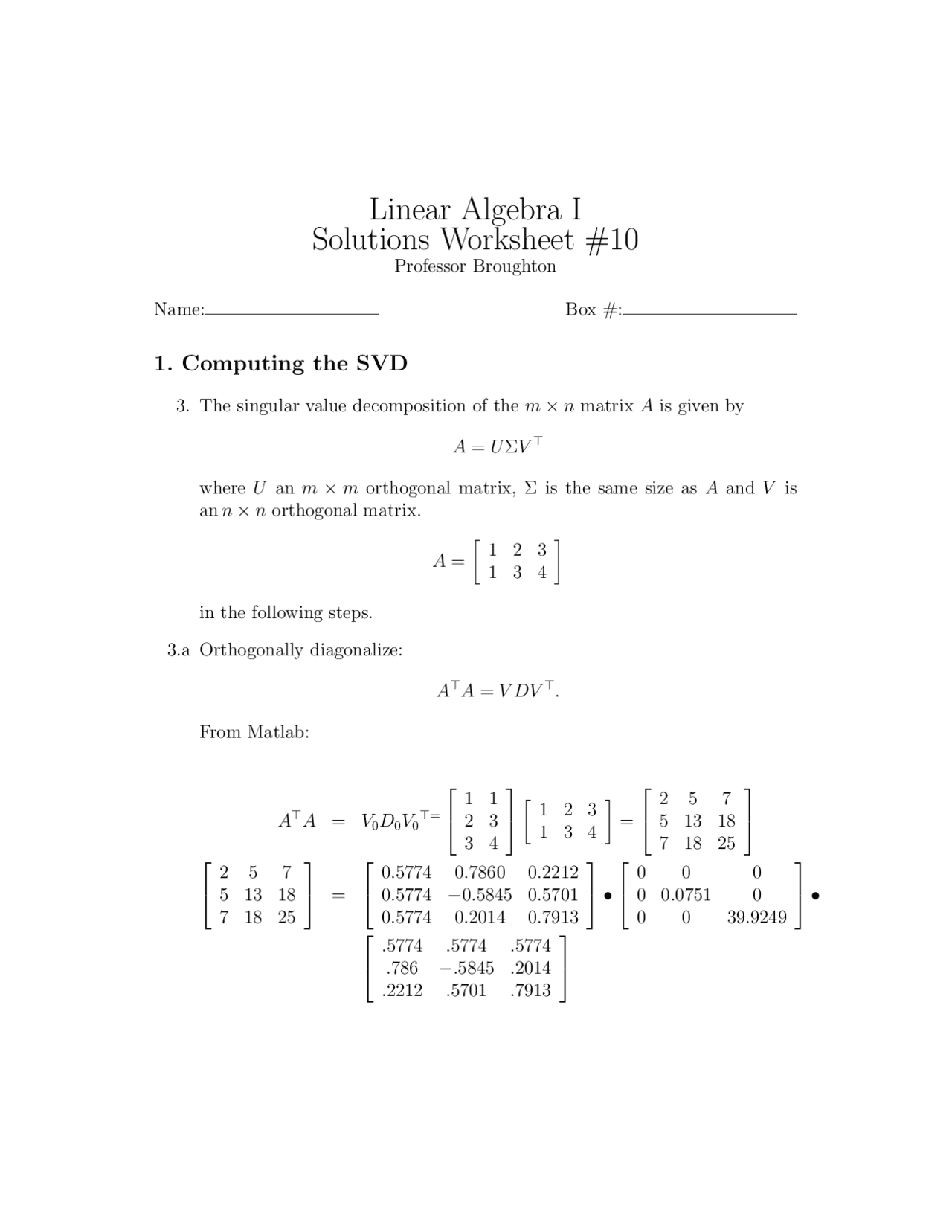 Computing the SVD - Worksheet 10 Solutions | MA 371 - Docsity