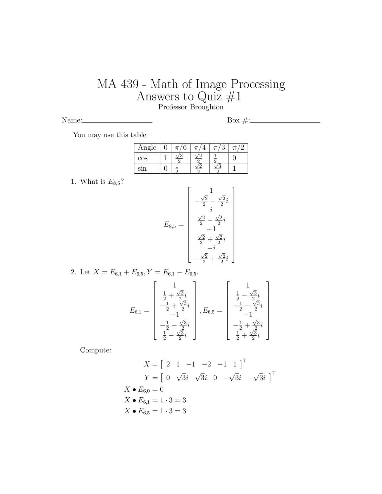 Mathematics Methods of Image Processing - Solved Quiz 1 | MA 439 - Docsity
